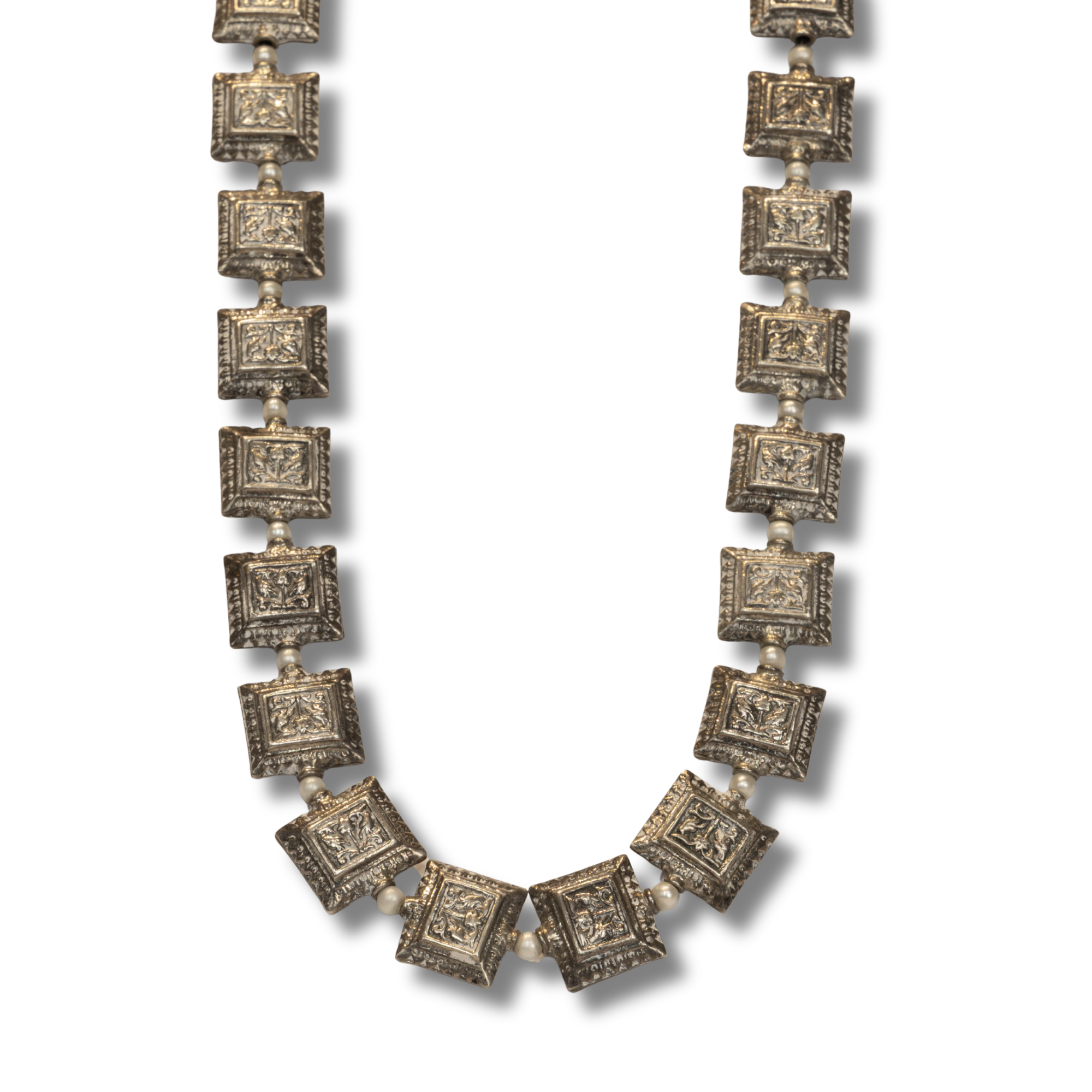 Sterling Silver Carved Square Beaded Necklace with Cultured Pearl Spacers and a Silver Clasp