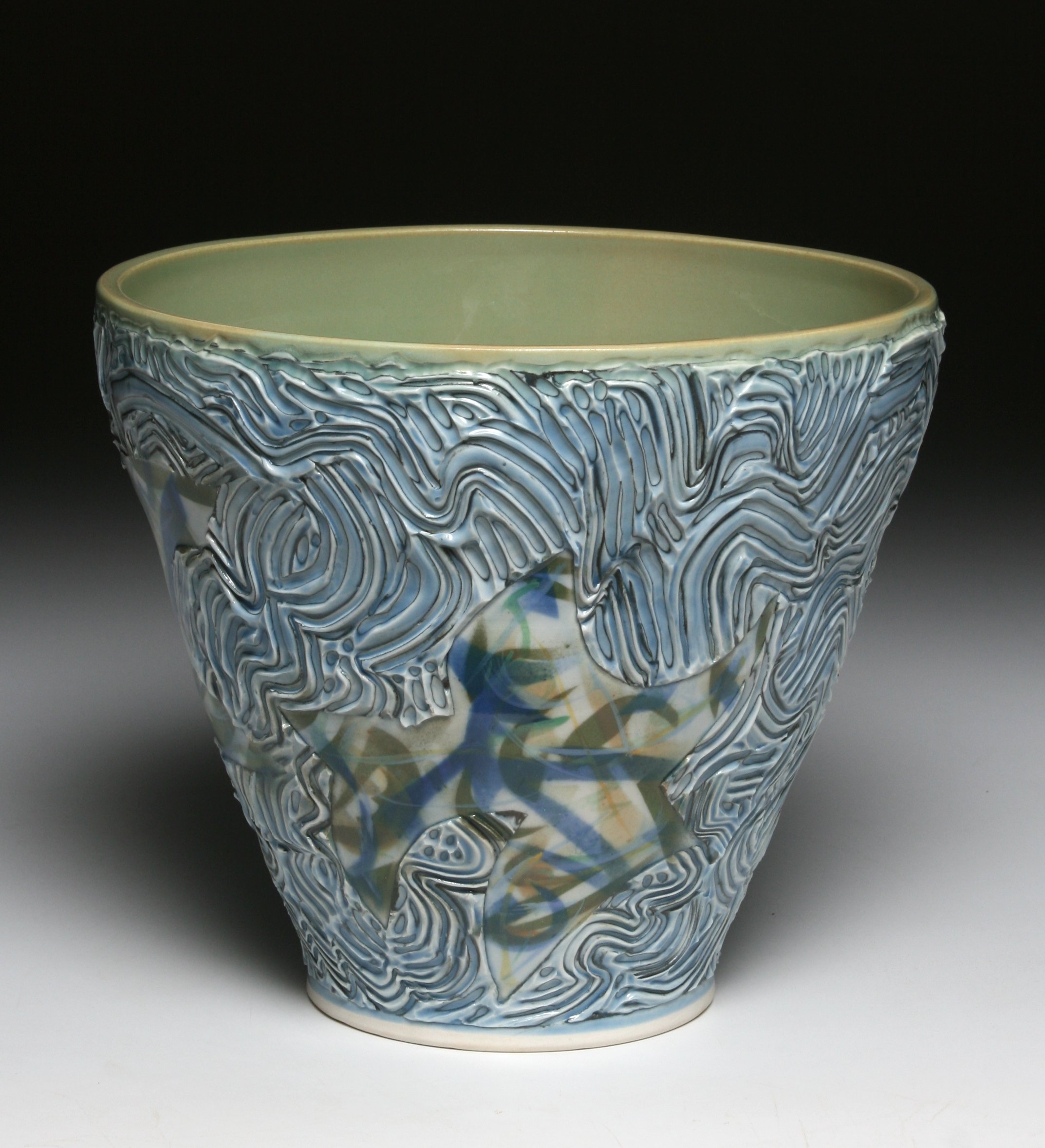 Blue Green Combed & Stenciled Bowl