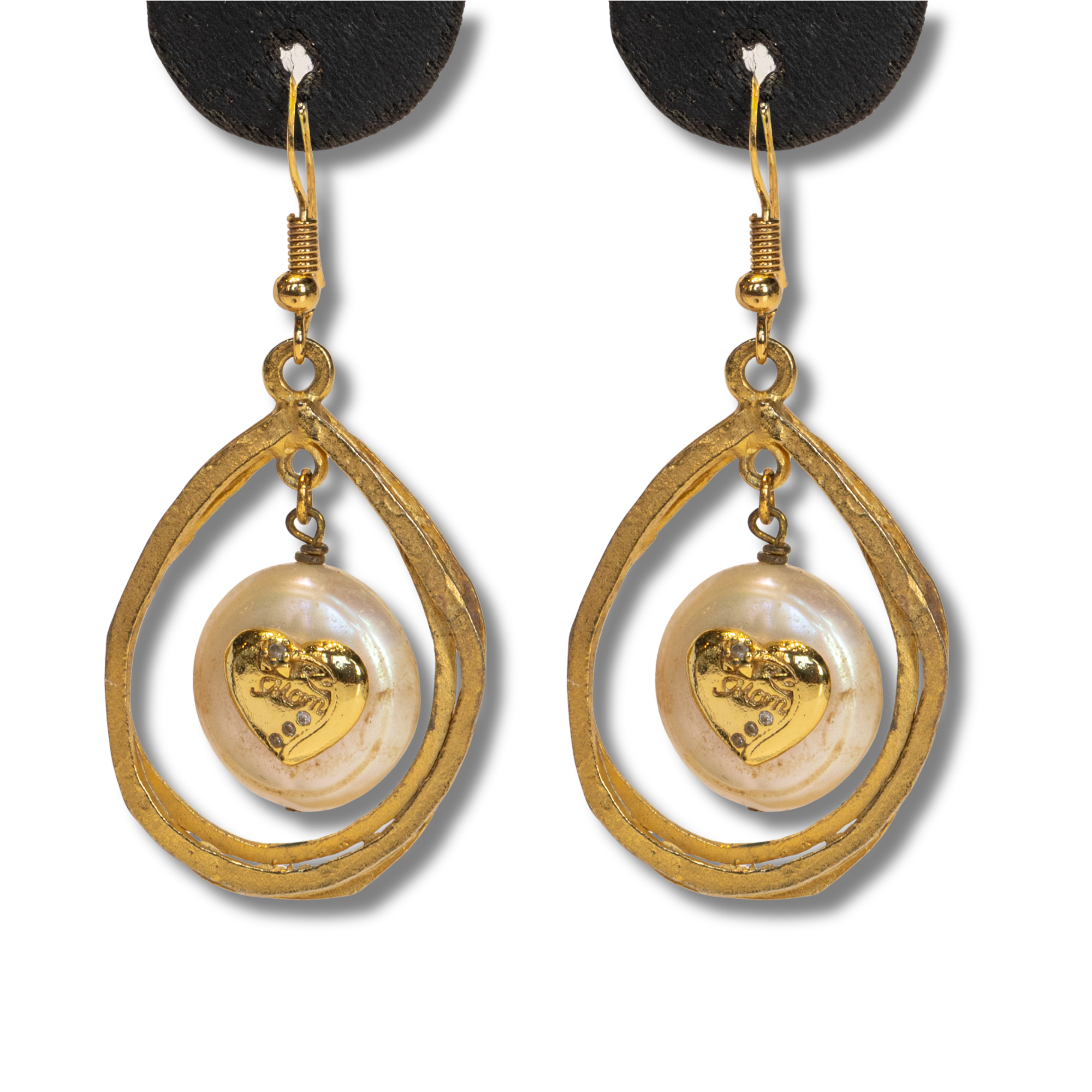 Golden Oval and Fresh Water Pearl with Golden Heart "Mom" Hanging Fashion Earrings