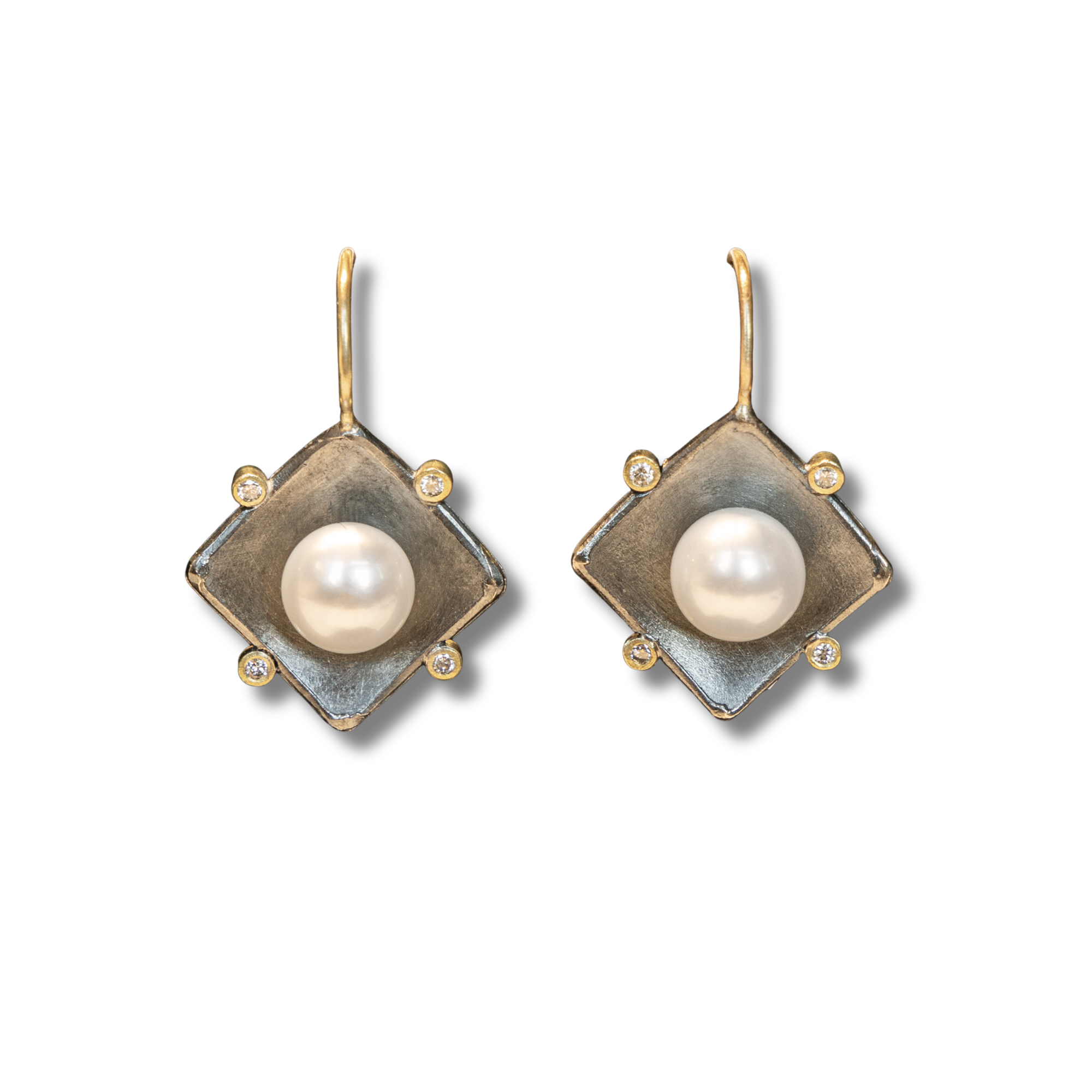 Pearl and Diamonds Drop Square Earrings