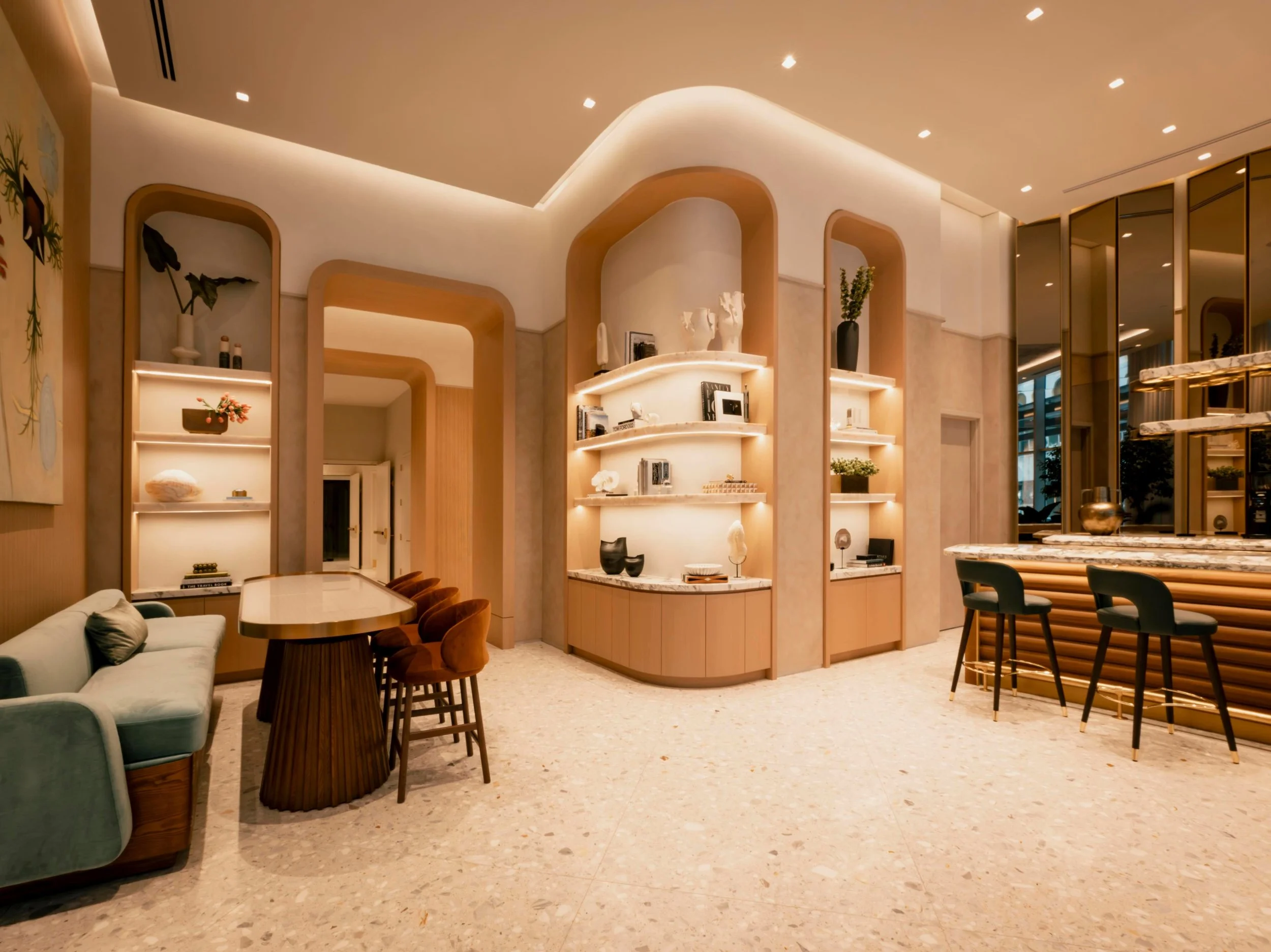 The lobby @viceroy_brickell brought together some of the most technically demanding scope on the project. Radius portals, curved shelving, and custom cabinetry required tight tolerances across a variety of luxury finishes. The lobby bar layered geome