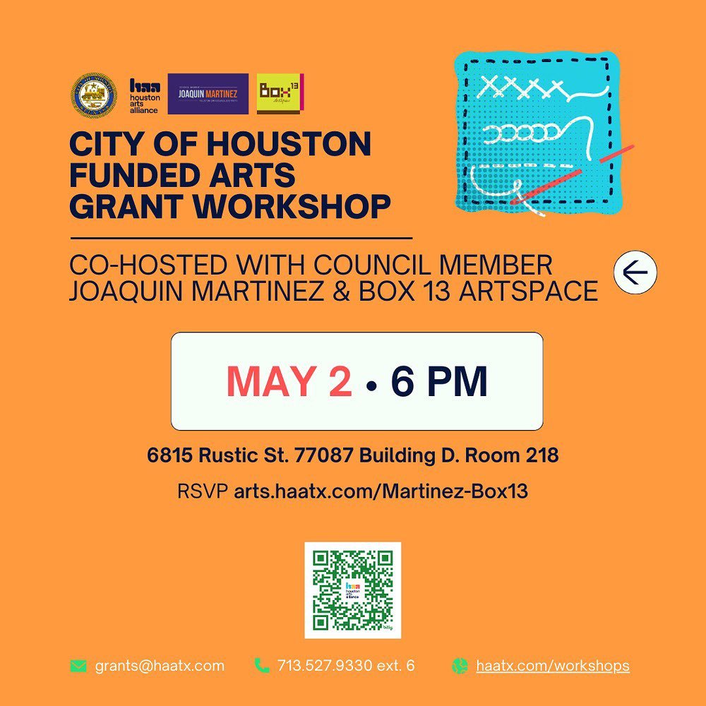 Planning to apply for city-funded grants? 🤓 Join us at Box 13 ArtSpace (6815 Rustic St, Houston, TX 77087) this Thursday, May 2 at 6pm to get the latest information. Special thanks to Council Member Joaquin Martinez and Box 13 ArtSpace! &nbsp;
🗒️&n