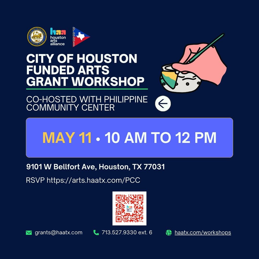 Rise and shine, Houston creatives! 🌞✨ Join us for a Saturday morning filled with inspiration and knowledge to fuel your grant application journey. 🚀 Co-hosted with Philippine Community Center, our workshop runs from 10 am - 12 pm, designed to kicks