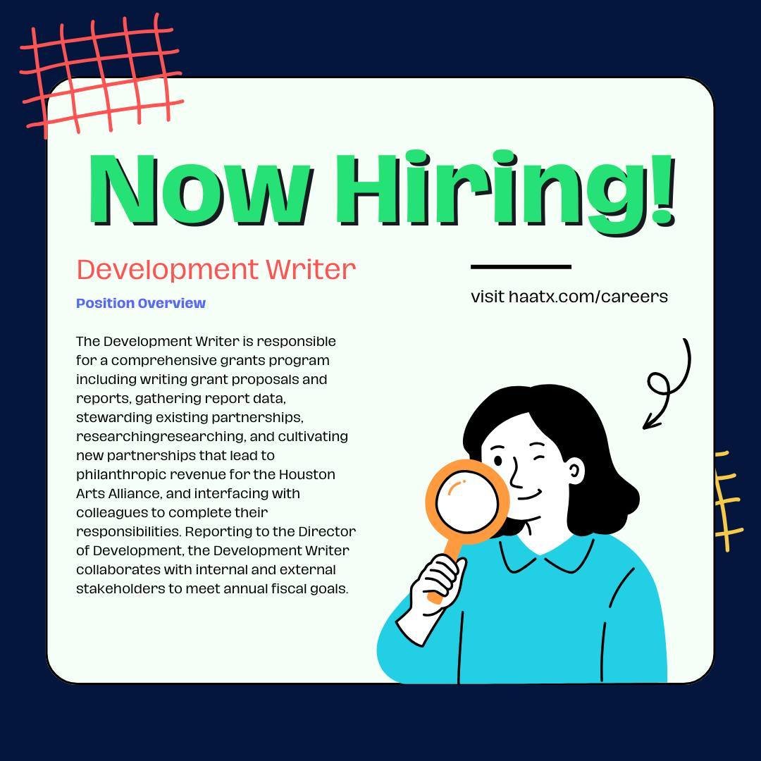 Apply for the Development Writer position by May 24th. E-mail your application to carrie@haatx.com. Visit haatx.com/careers to learn more or visit the link in bio. Best of luck! #Hiring #JoinHAA