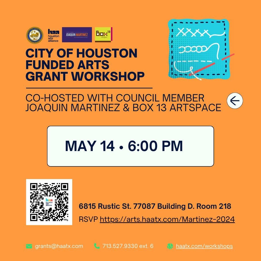 The arts grants workshop co-hosted with @jmartinez4hou &amp; @box13artspace has an updated date!! See you all this upcoming Tuesday, May 14th at 6pm. Houston Community College, Building D. Room 218. Address: 6815 Rustic St, Houston, TX 77087-2623, Un