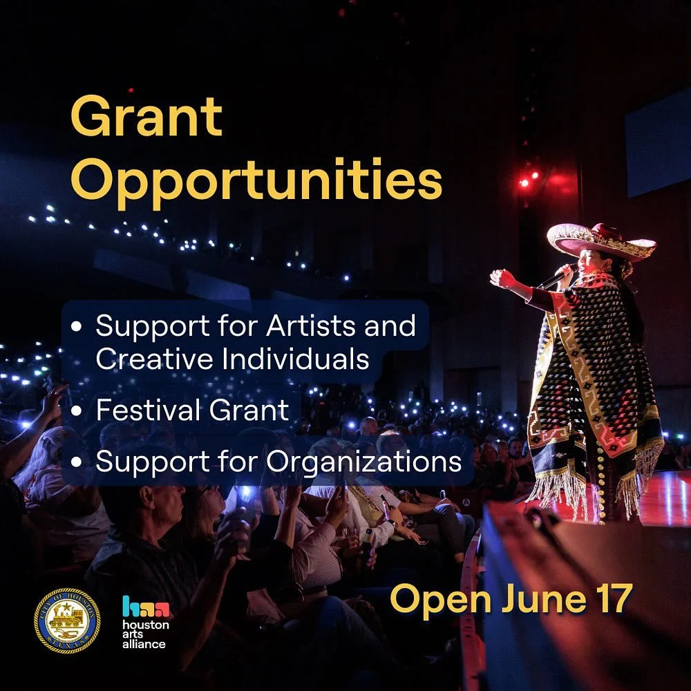 🌟 Exciting news! 🌟&nbsp;
The three annual grant opportunities open on June 17th!&nbsp;

1️⃣ Support for Artists and Creative Individuals 
2️⃣ Festival Grant 
3️⃣ Support for Organizations

Funded by the City of Houston via the Hotel Occupancy Tax (