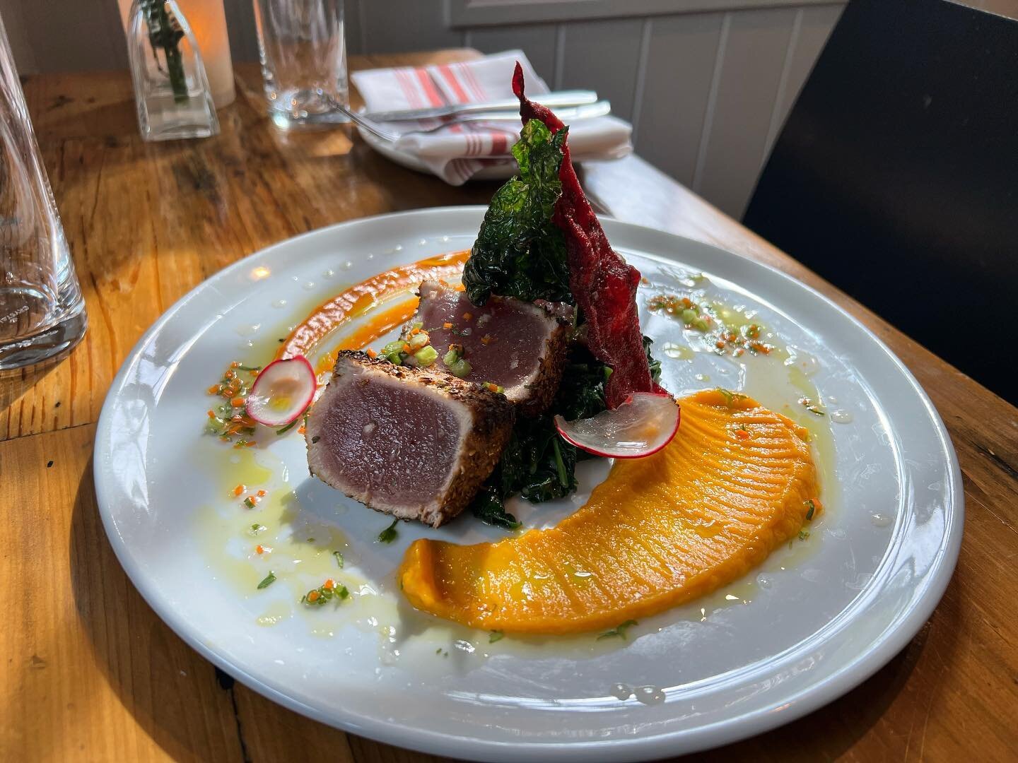 Special Alert! 🚨Fennel and Calabrian Chili Crusted Ahi Tuna + Lime Gastrique + Tuscan Kale + Sweet Potato