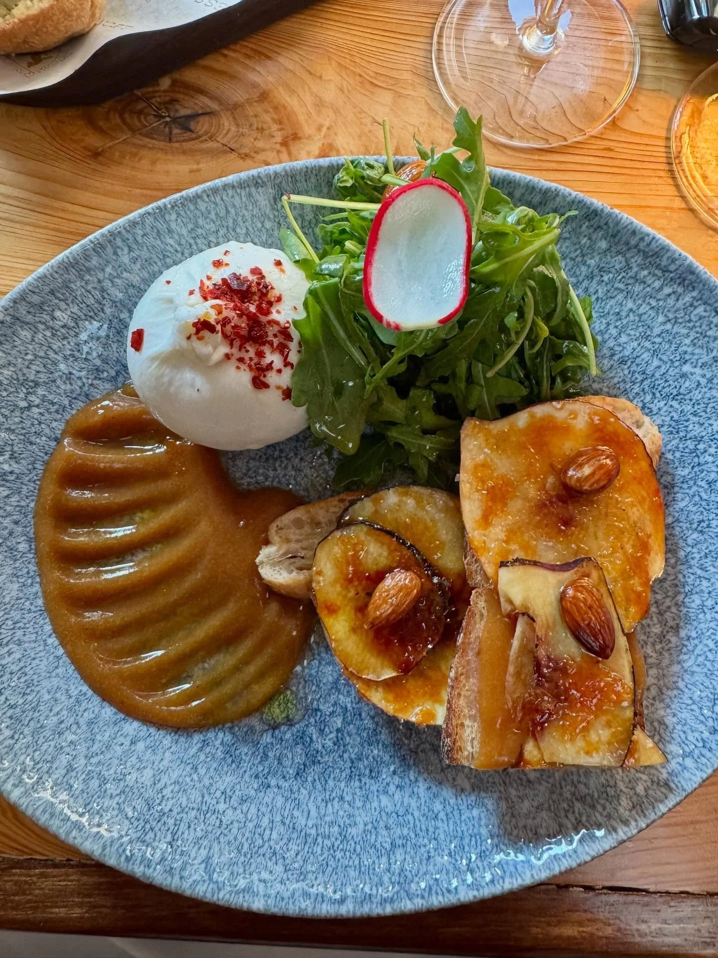 With the last weeks of Summer comes a new menu item! Pugliese Burrata + Caramelized Peach Toast + Marcona Almonds + White Peach + Baby Greens