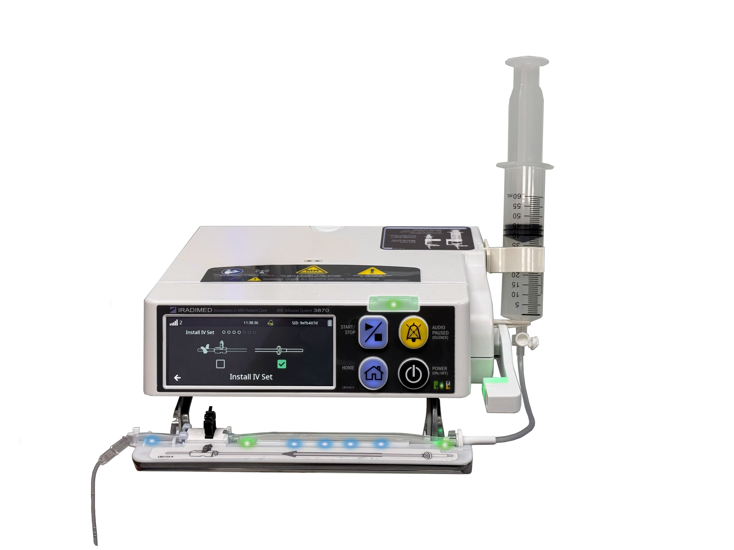 Medical infusion pump device connected with tubes and a syringe, used for administering medications or fluids to patients.