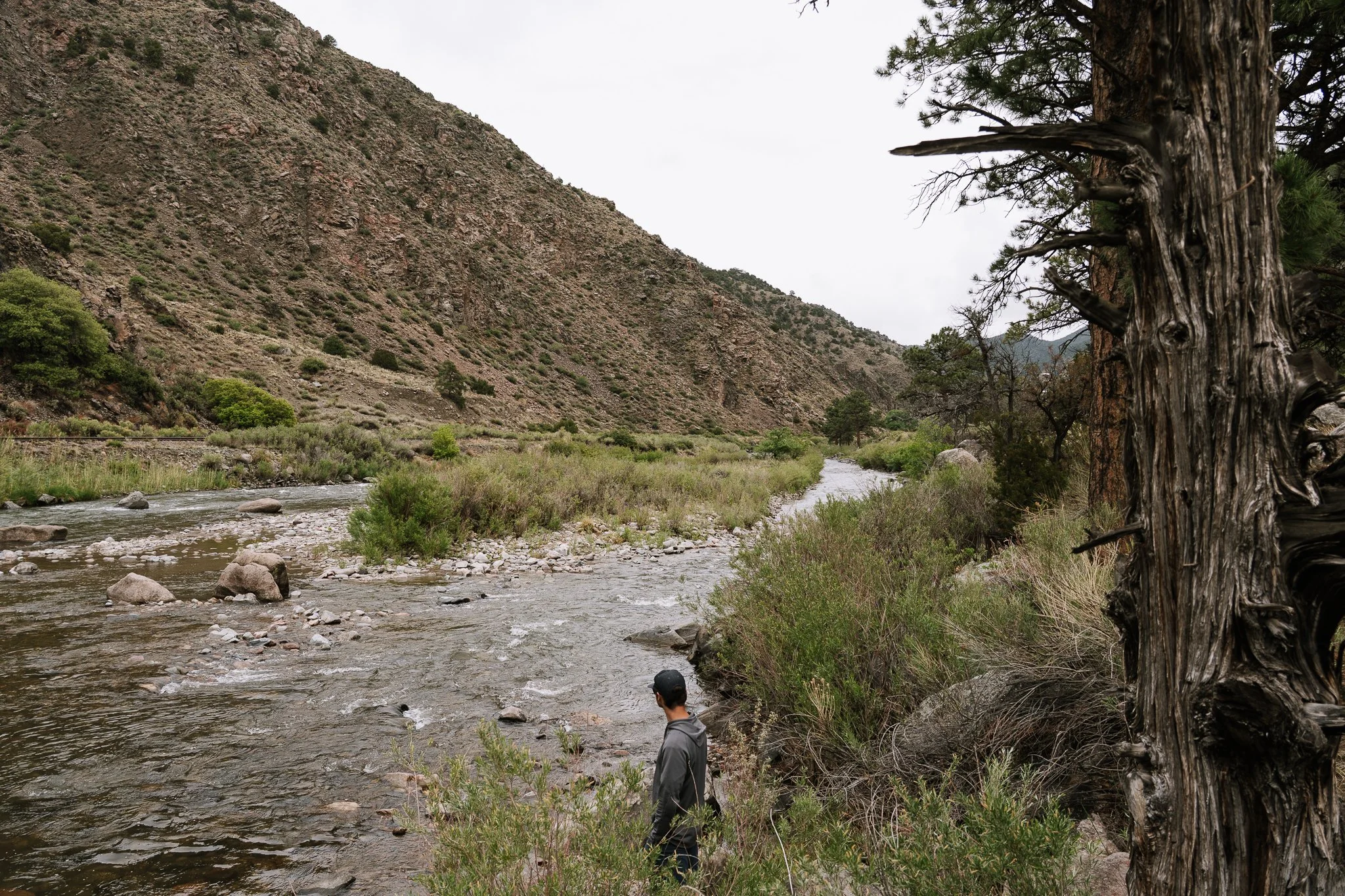 Person standing near a river in a mountainous landscape with trees and rocky slopes.