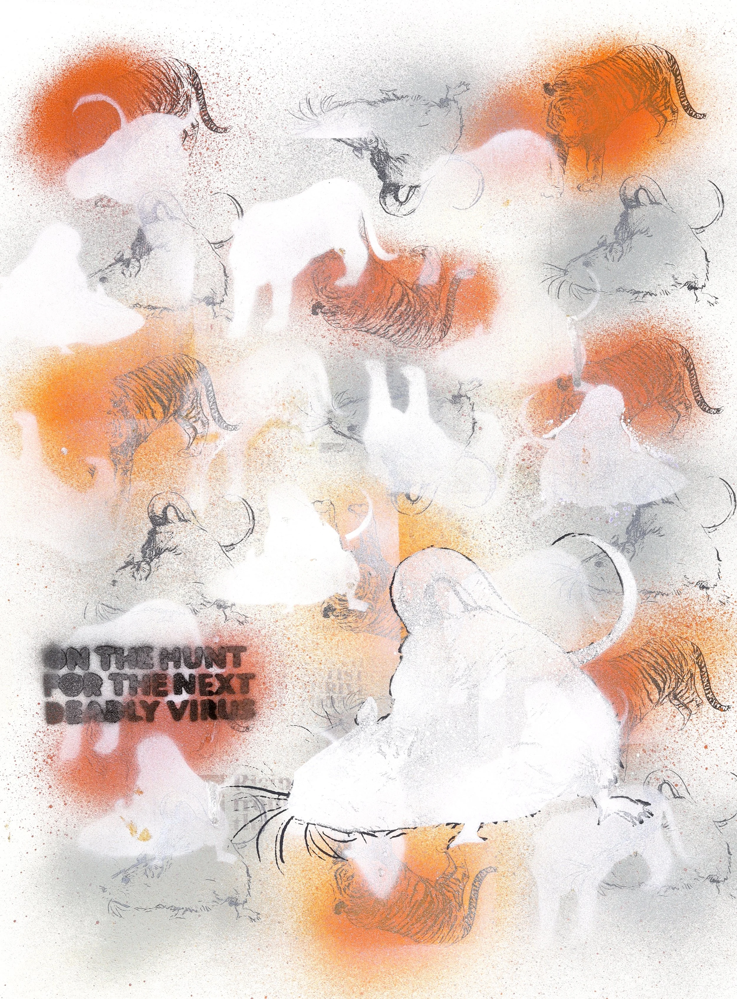 the cost of two years, mono print with spray paint, transfers, and screen print, 15x20 inches