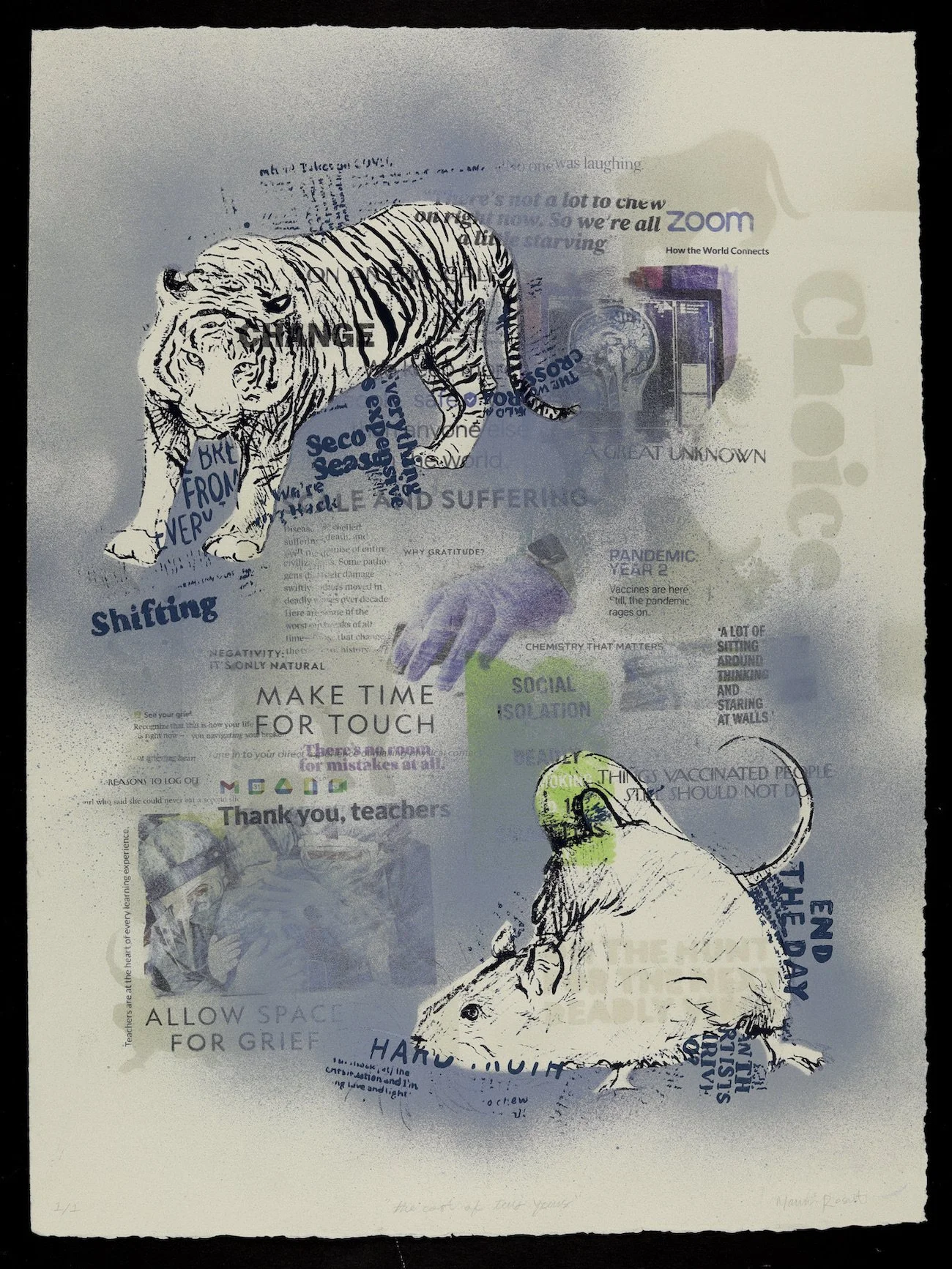 the cost of two years, mono print with spray paint, transfers, and screen print, 15x20 inches