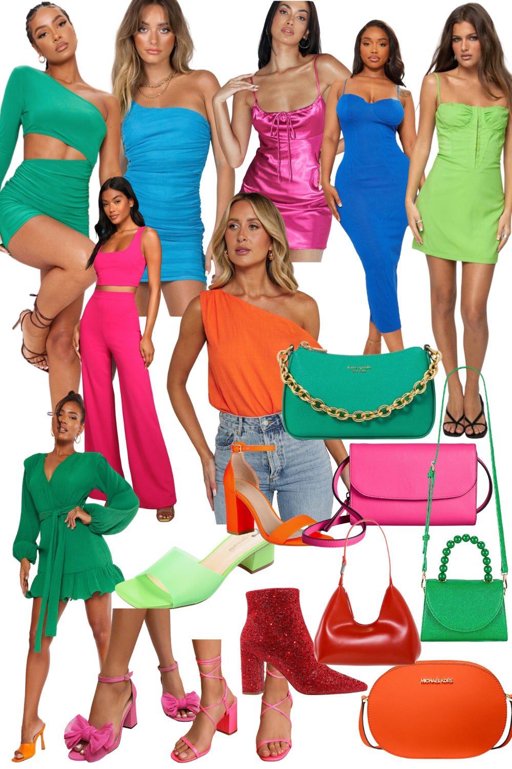 Colorful vacation outfit collage featuring green, pink, blue and orange dresses with matching bags and shoes.