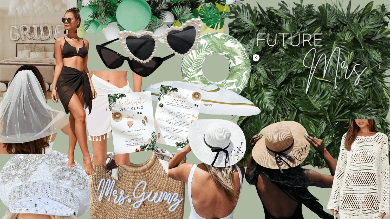 Tropical bachelorette mood board featuring swimwear, sun hats, sunglasses and personalized party accessories.
