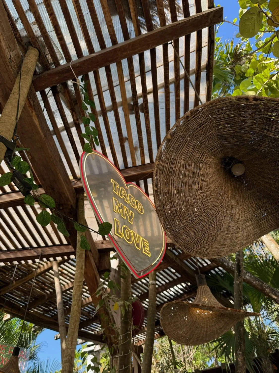 Woven pendant lamps and greenery beneath a wood-slat restaurant roof in Tulum.