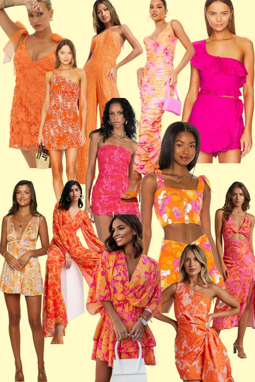 Tropical outfit collage featuring bright pink and orange dresses and coordinated sets.