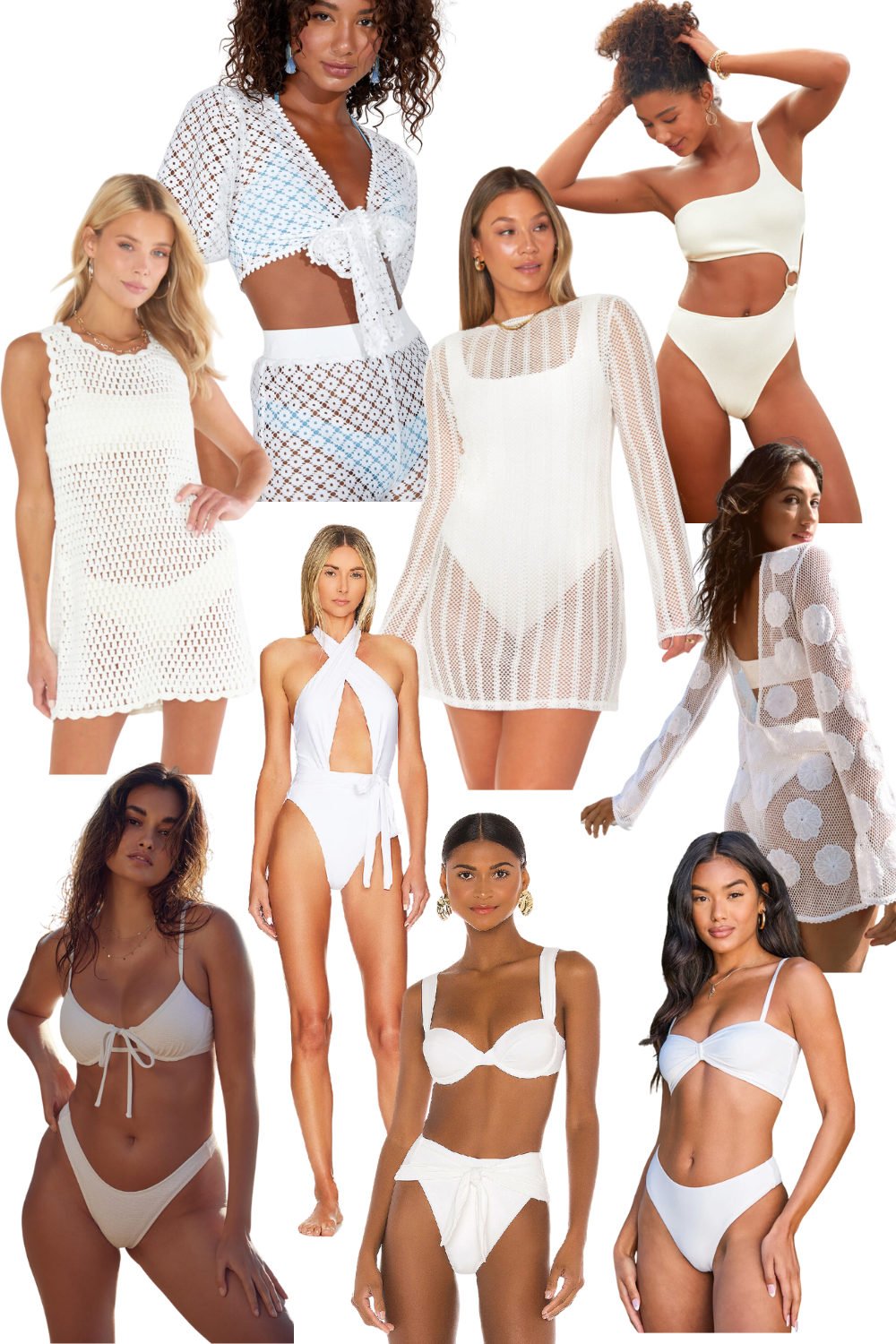 White bridal beachwear collage with swimsuits, crochet cover-ups and resort dresses.