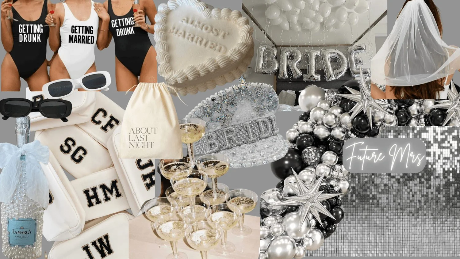 Black, white and silver bachelorette mood board with matching swimsuits, personalized gifts, champagne glasses and bride decorations.