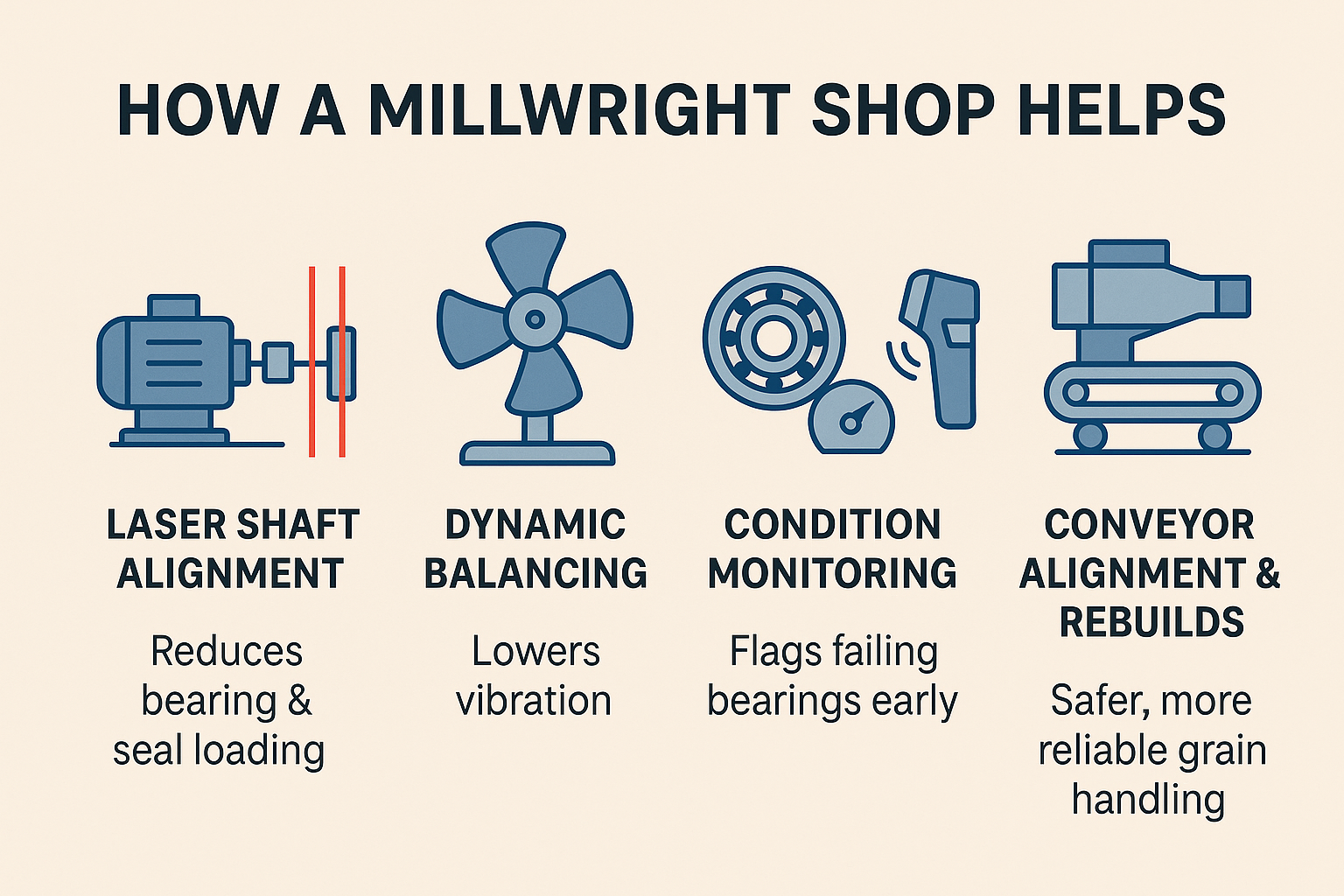 Icons showing how a millwright shop can help