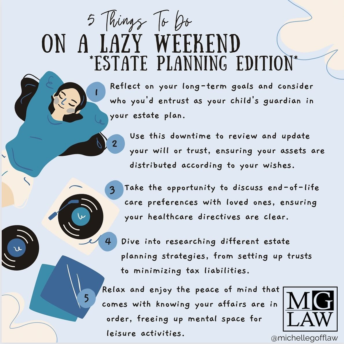 🏡✨ Weekend Estate Planning Checklist! Here are 5 things you can do to secure your future while relaxing:1️⃣ Reflect on long-term goals and choose a guardian for your child in your estate plan. 2️⃣ Review and update your will or trust to align with y