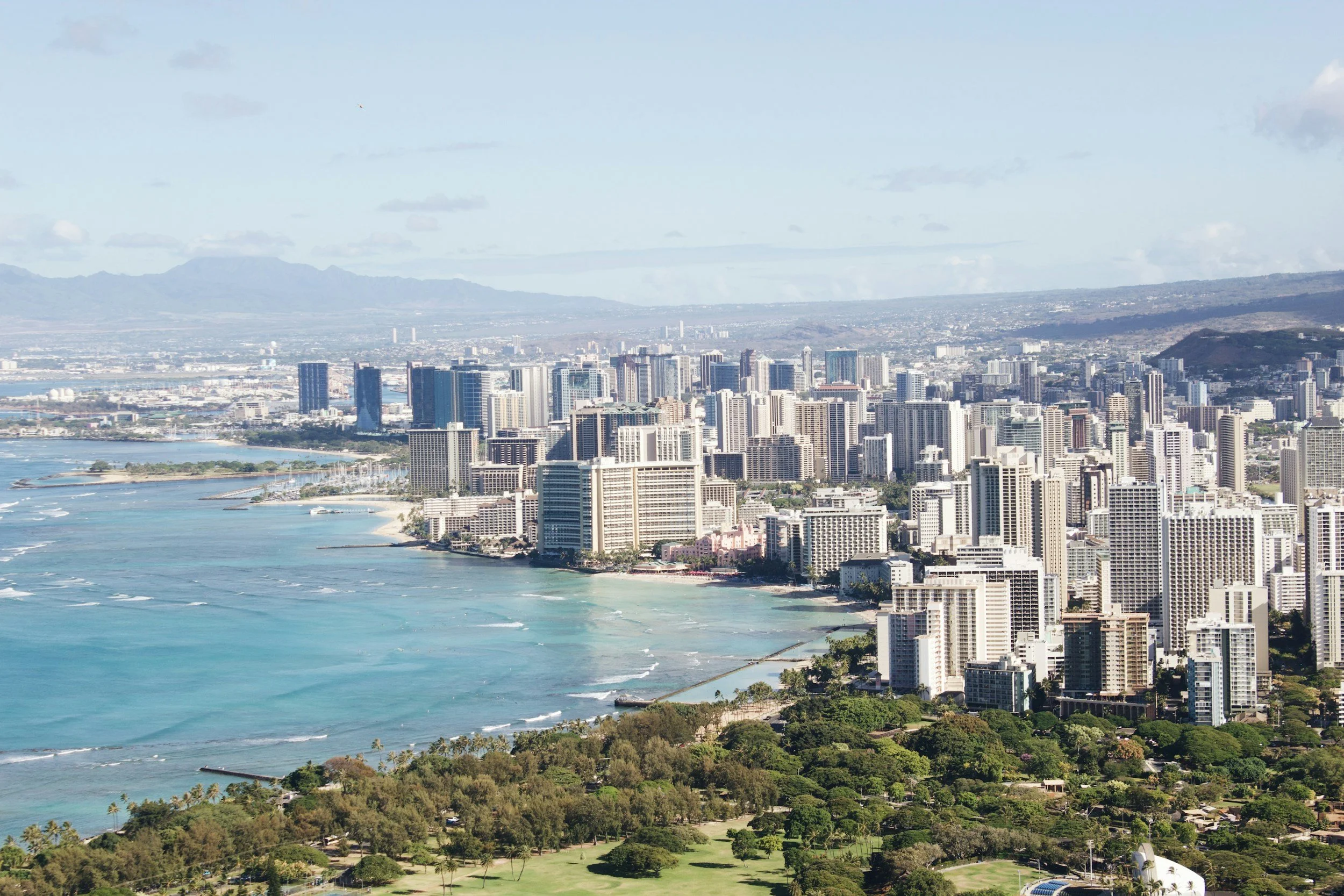 Honolulu skyline with Diamond Head and ocean views near Mandarin Oriental Residences location