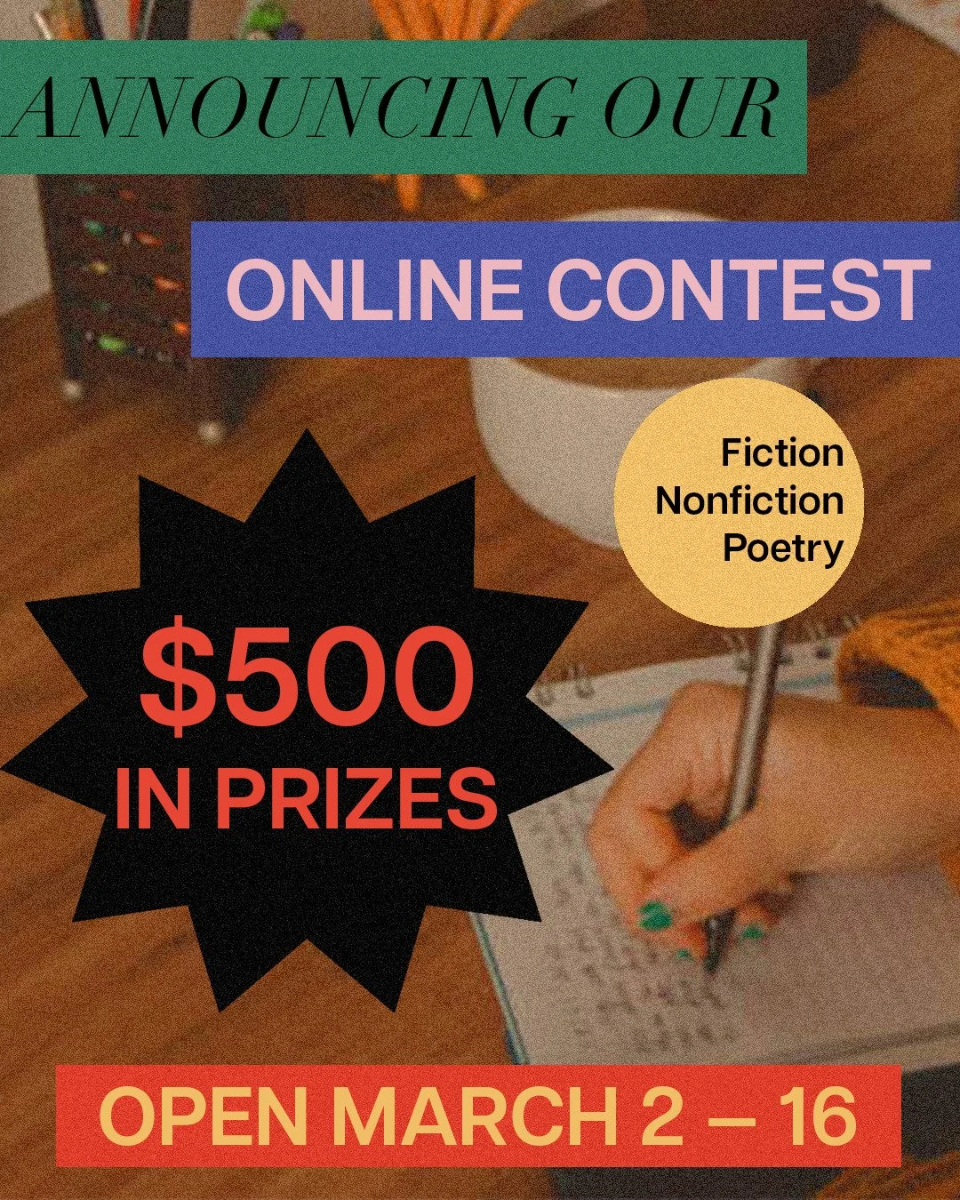 Announcing our 2026 ONLINE Contest. Submissions open March 2nd and close March 16th. Works of translation are welcome.
Our judges are Diana Khoi Nguyen (Poetry), Joel Whitney (Nonfiction), and Jemimah Wei (Fiction).
Stay tuned for more info on each j