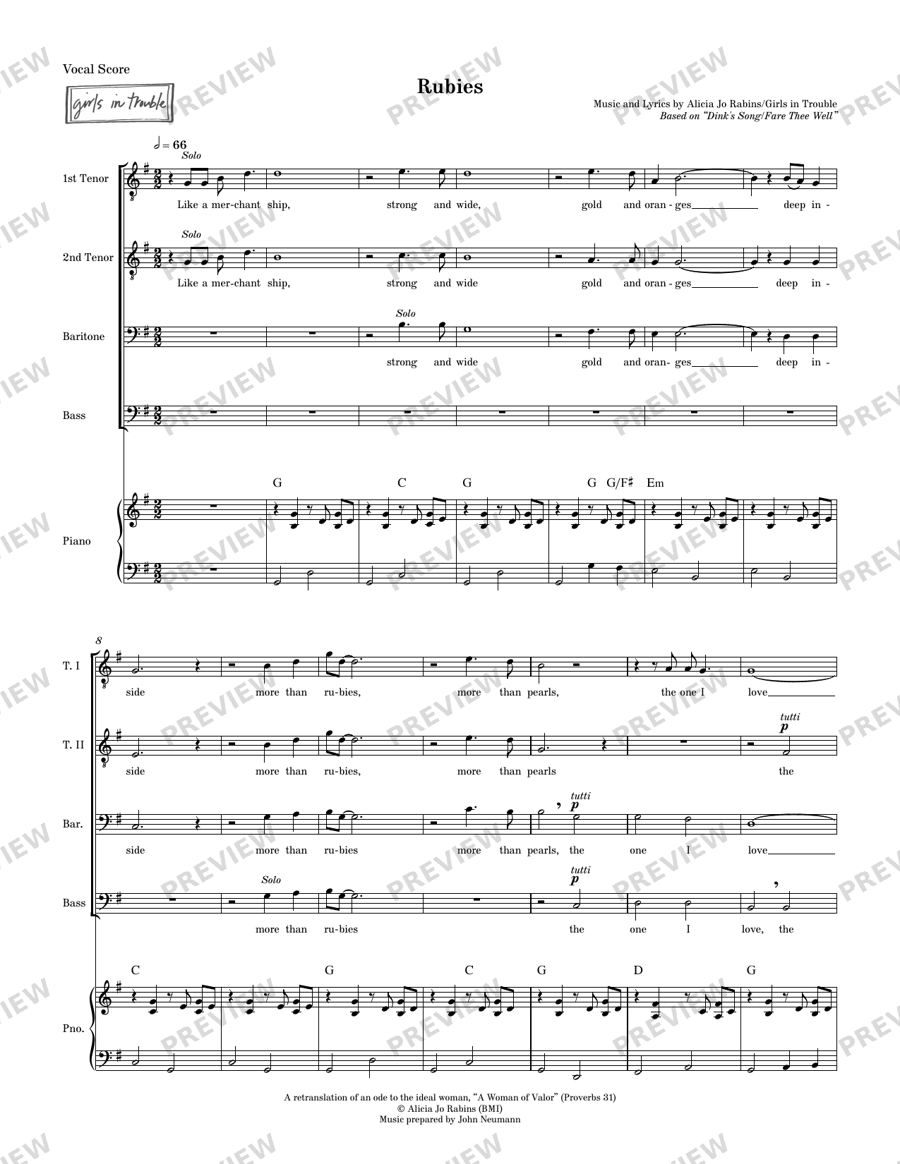 Choral Score — "Rubies" (TTBB choral arrangement of Girls in Trouble song)