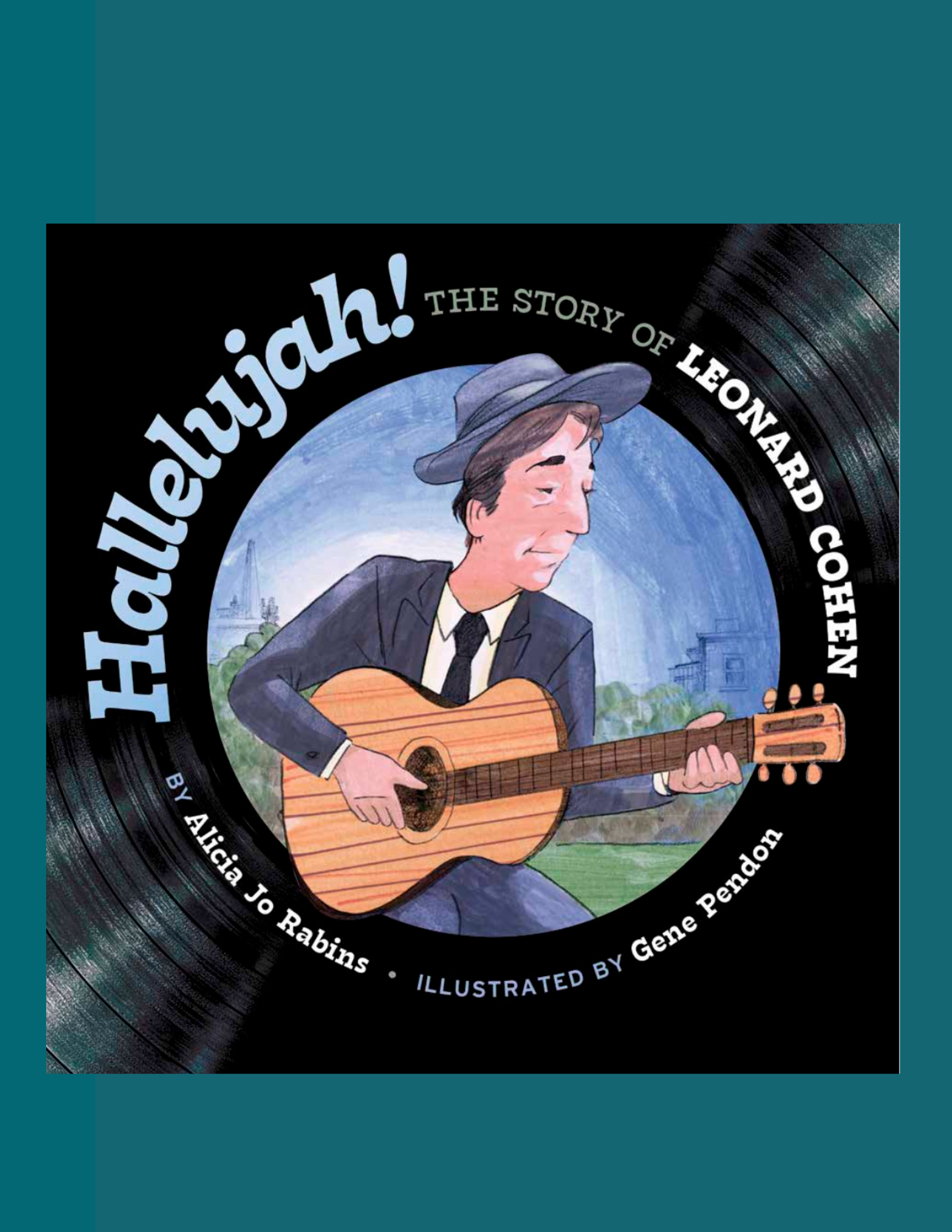 hand drawn image of middle aged leonard cohen playing guitar by artist Gene Pendon designed to resemble a LP