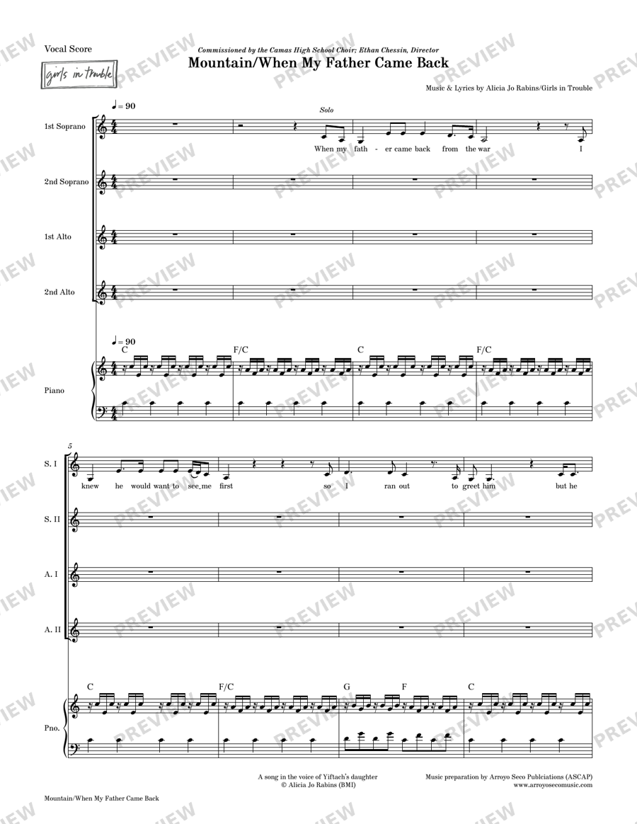 Choral Score — "Mountain/When My Father Came Back" (SSAA choral arrangement of Girls in Trouble song)