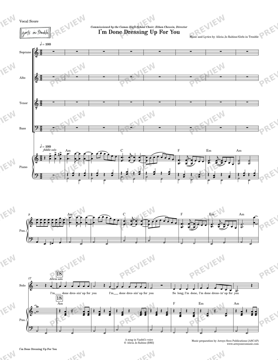 Choral Score — "I'm Done Dressing Up for You" (choral arrangement of Girls in Trouble song)
