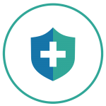 Blue shield with medical cross icon in a circular border on a transparent background.