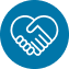 Blue circle with white hand shake symbol forming a heart shape
