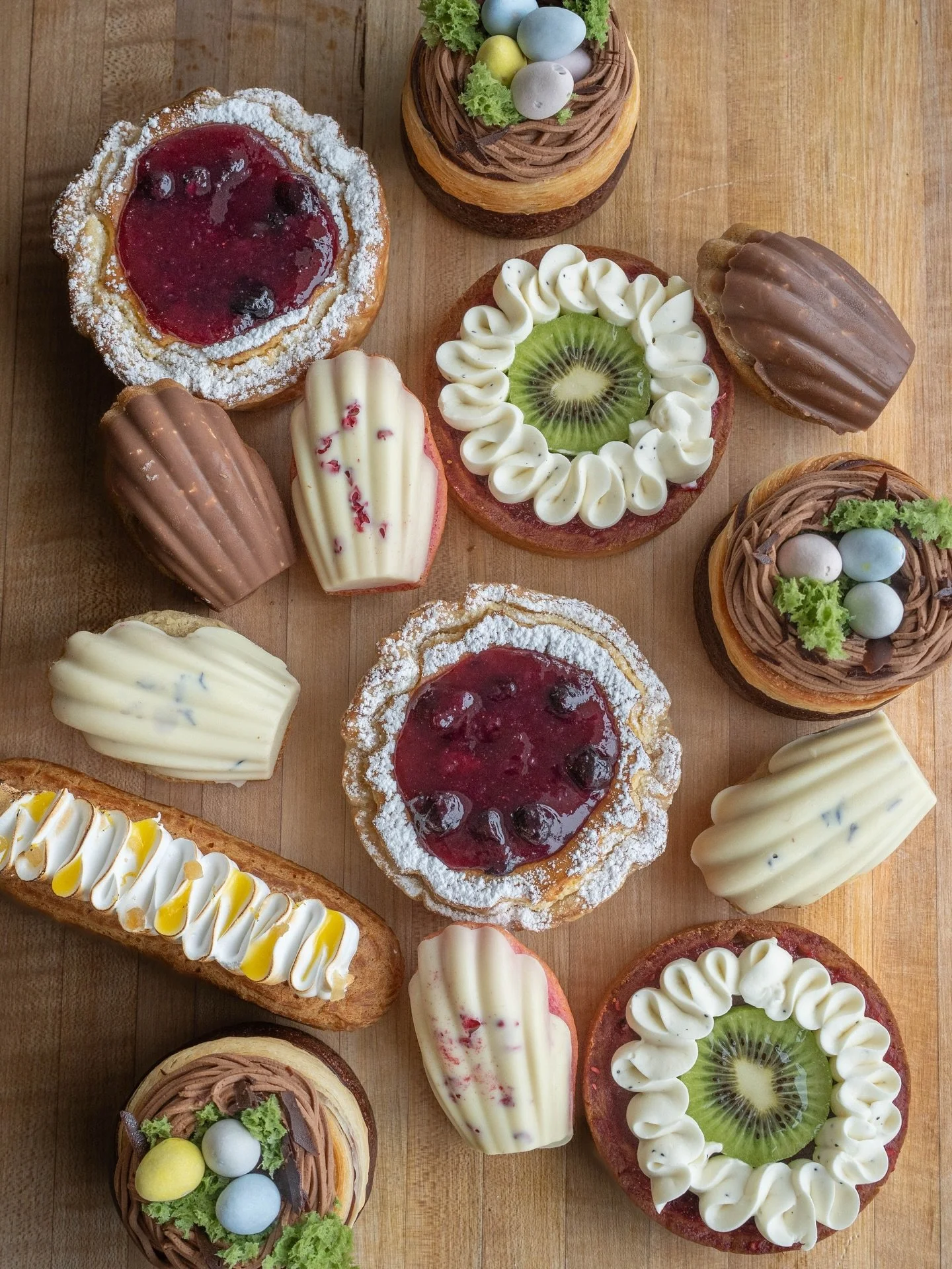 Yes we are open regular hours this long weekend. 

Oui, nous sommes ouverts aux horaires habituels pendant ce long week-end.

Blueberry Cheesecake

Mini Egg Cruffin (limited time) 

Lemon Eclair

Raspberry Madeleines

Earl Grey Madeleines

Kiwi Tarts