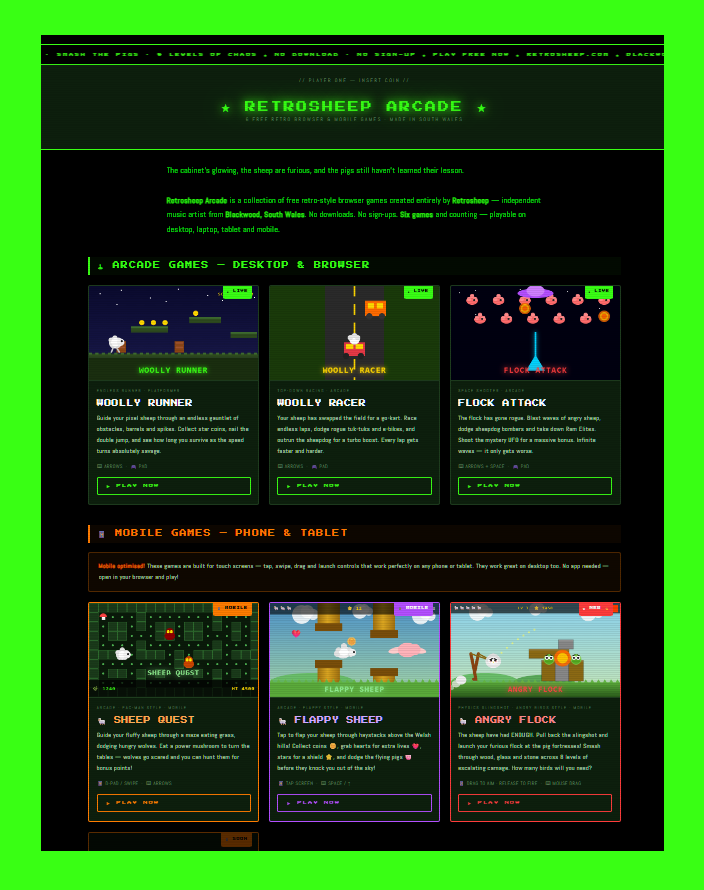 Retrosheep Arcade:  Free Retro Browser Games Made in South Wales – Play Woolly Runner, Woolly Racer &amp; Flock Attack