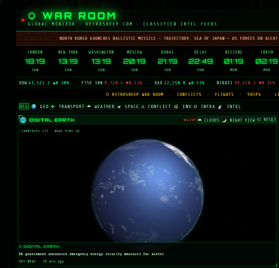 The Biggest OSINT (Open-Source Intelligence) Resource  War Room a Global Monitoring Dashboard provides real-time tracking of events around the world including earthquakes, aircraft, satellites, disasters, weather systems and geopolitical events