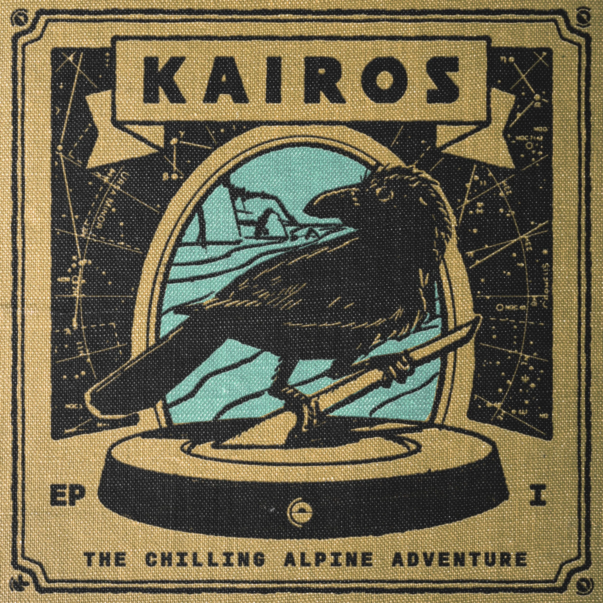 The Chilling Alpine Adventure's Kairos album artwork with constellations and an ominous crow sitting on a sun dial with an old book texture overlay