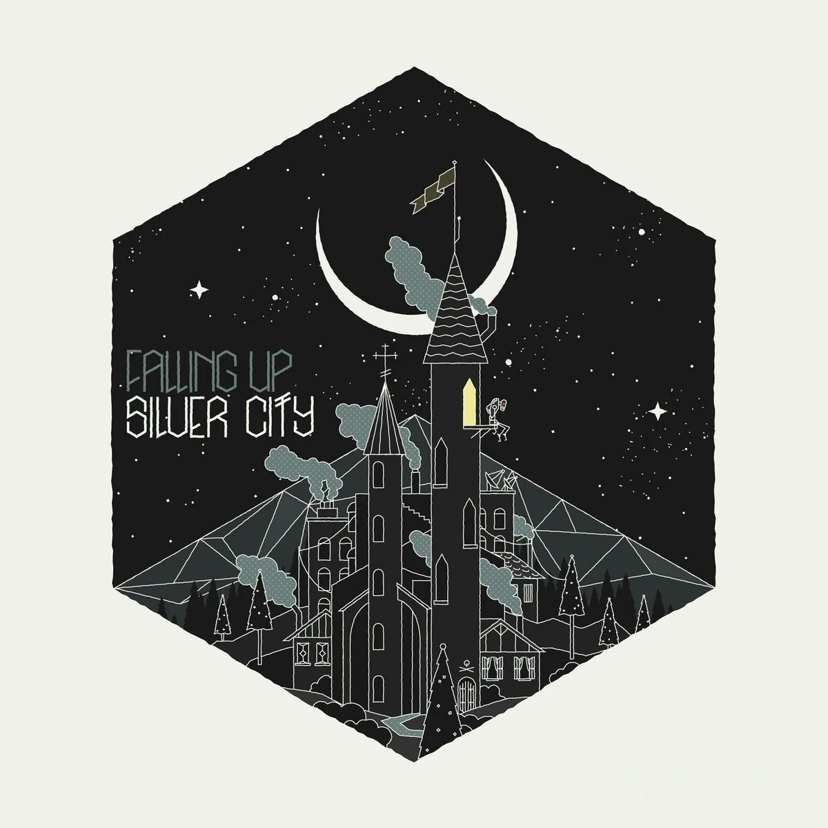 Album cover for Silver City by Falling Up, showcasing vivid, dynamic artwork that reflects the album’s blend of alternative rock, electronic, and cinematic sound, with themes of escapism and exploration meant for the holidays