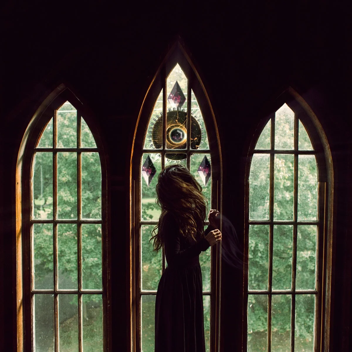 Self Titled Falling Up indie rock soundtrack cover art of girl standing in a window with a magical orb outside