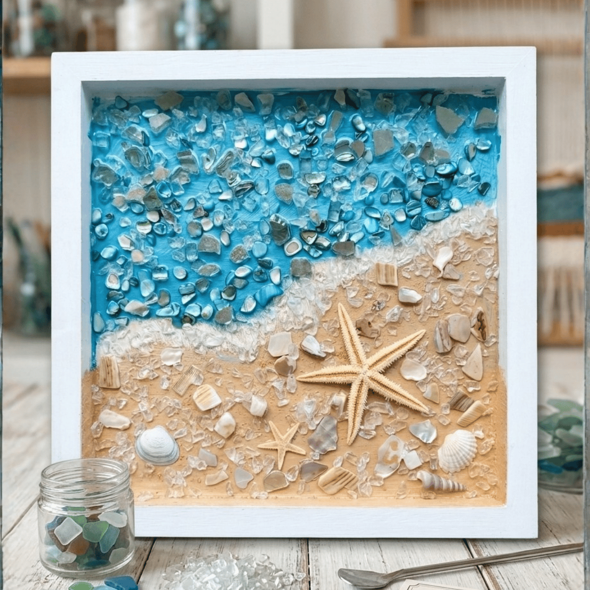 “Seas the Day” Glass Art with Resin ($55) 