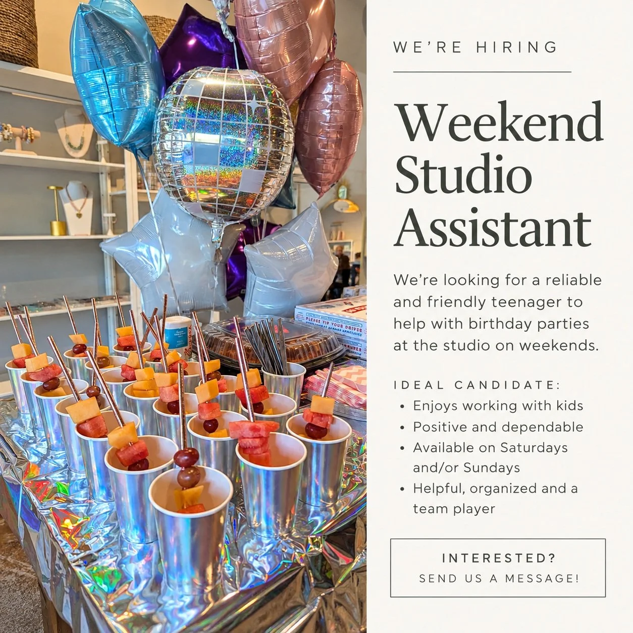 We&rsquo;re looking for a teenager to join us at Red Seal on the weekends! ✨

This person will help with our birthday parties &mdash; getting things set up, helping guests with projects, keeping things organized and making sure everyone has a great t