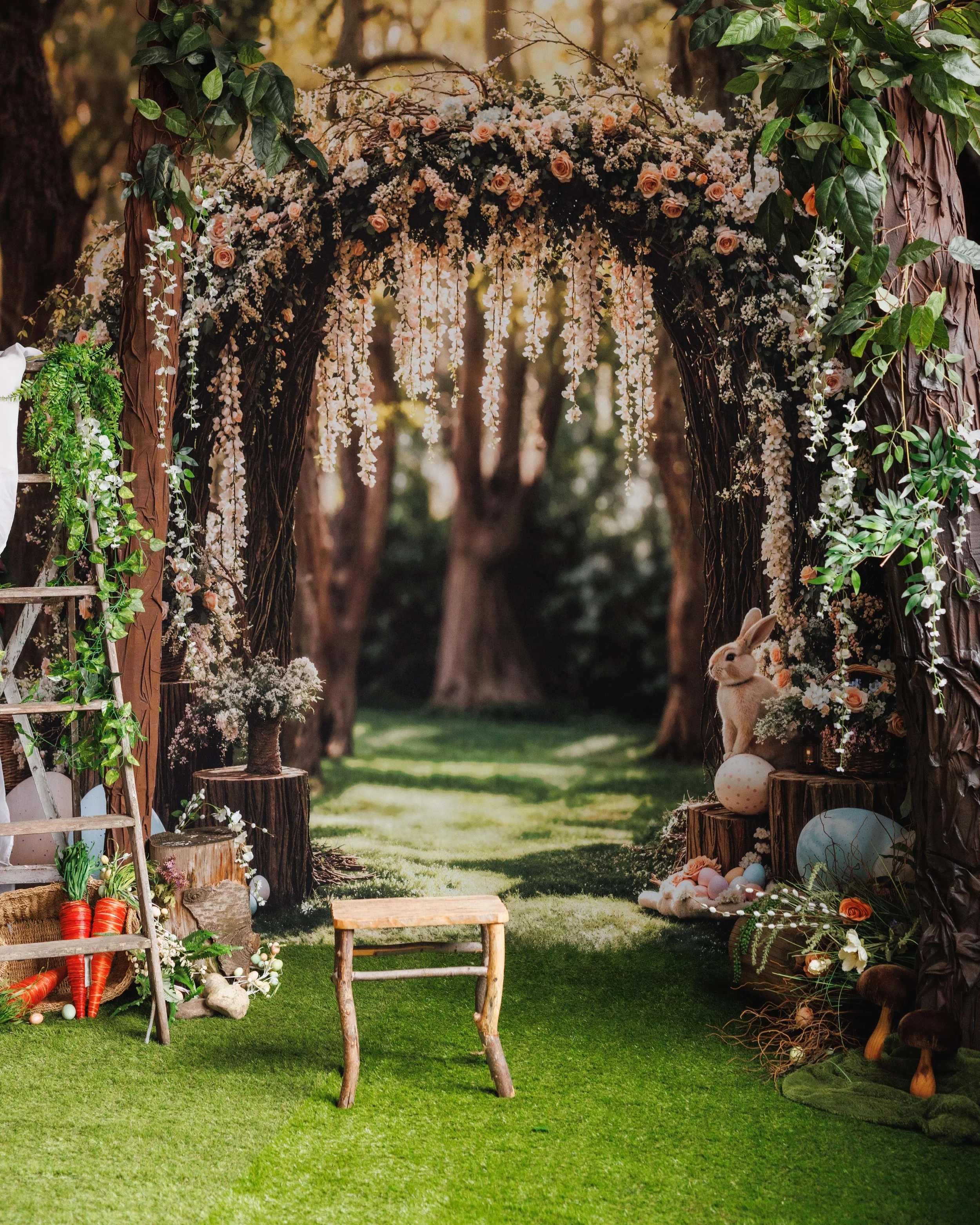 Easter photography set featuring a whimsical floral arch with cascading flowers, woodland greenery, rustic decor, pastel Easter eggs, and a bunny in a dreamy forest garden setting at Studio Ethereal