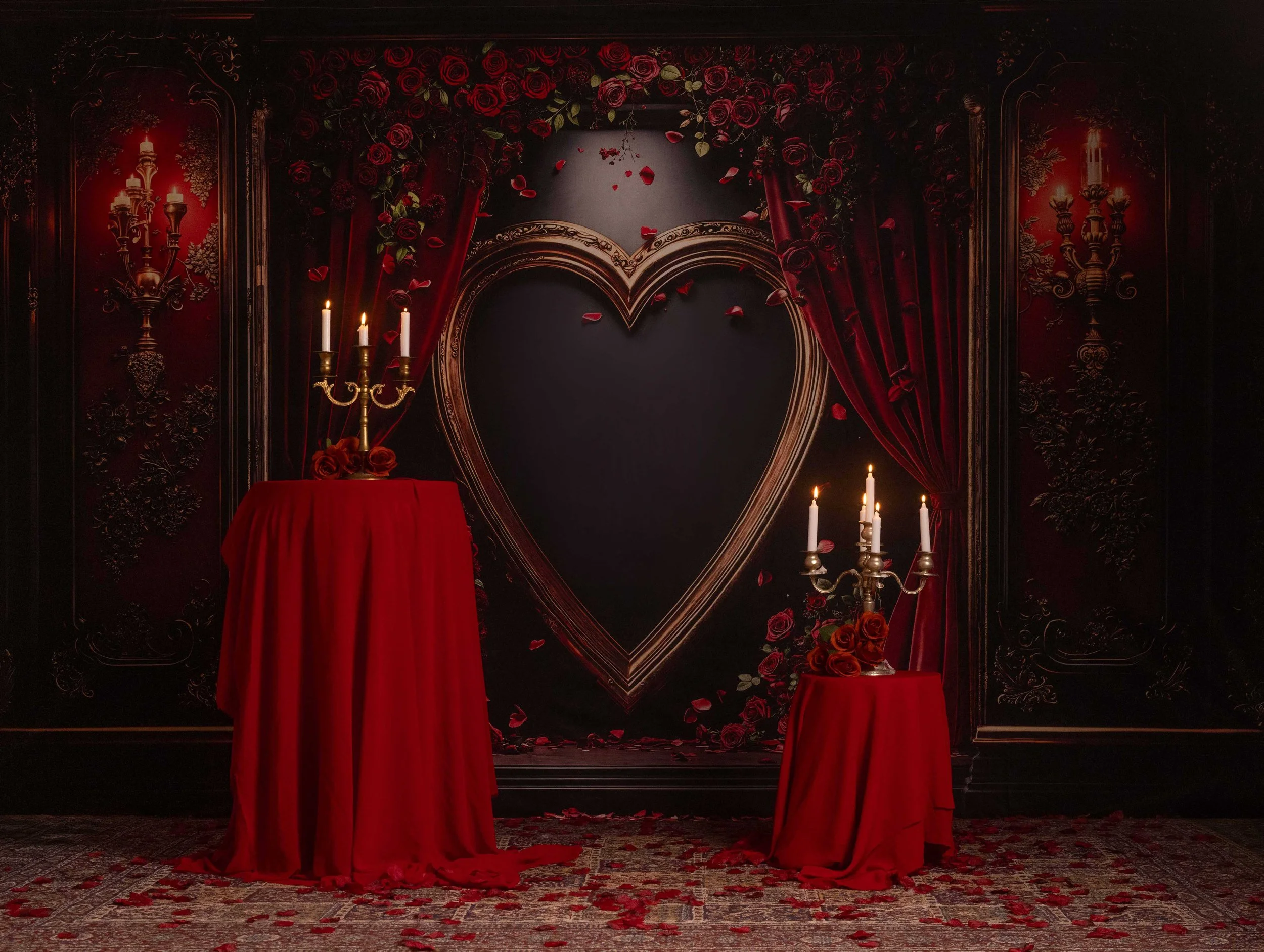 A dramatic photography set with red drapes, heart backdrop, roses, and moody candlelight for bold, dark romance portraits.