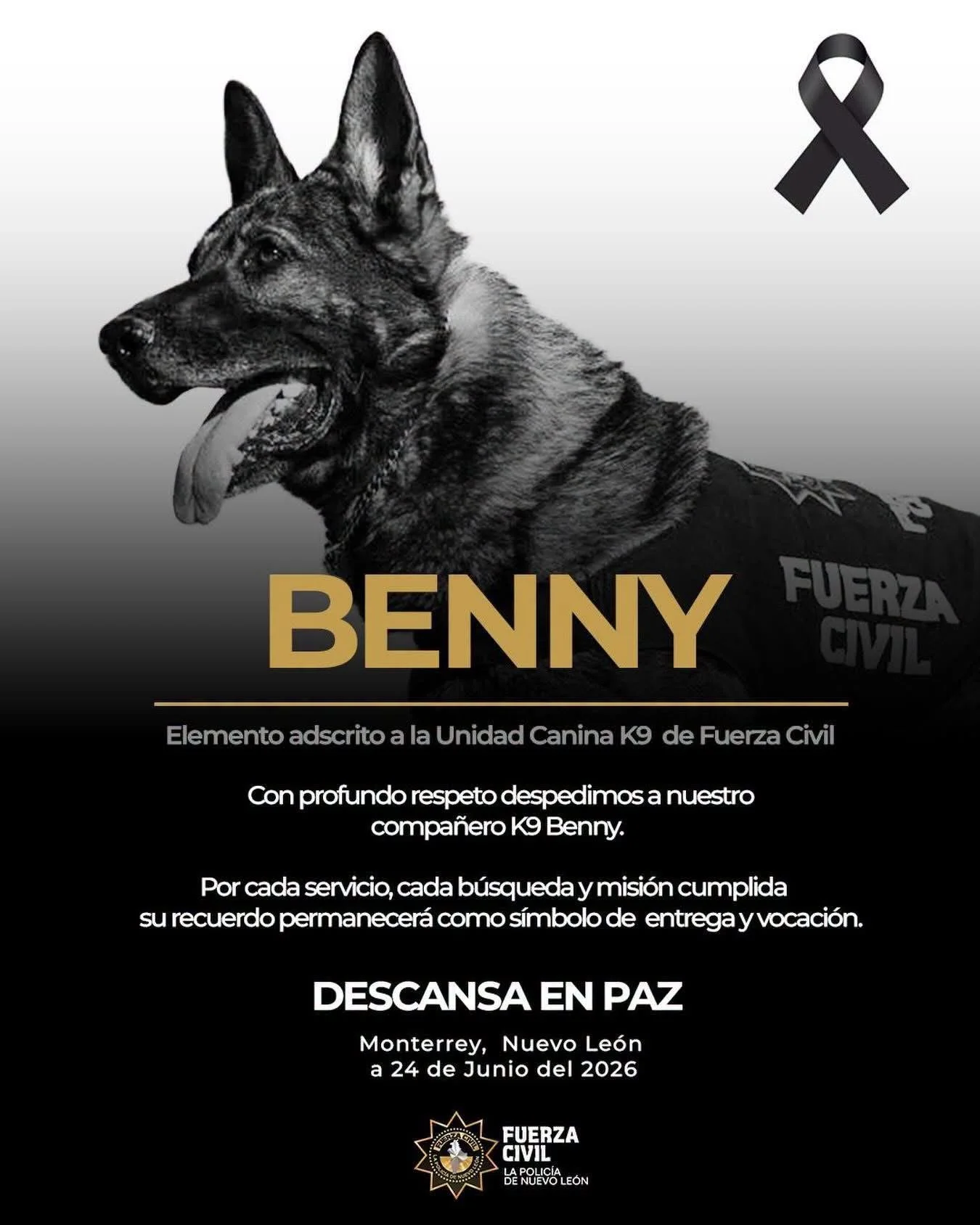 Fuerza Civil de Nuevo León despide con honores a Benny, elemento canino de la Unidad K9