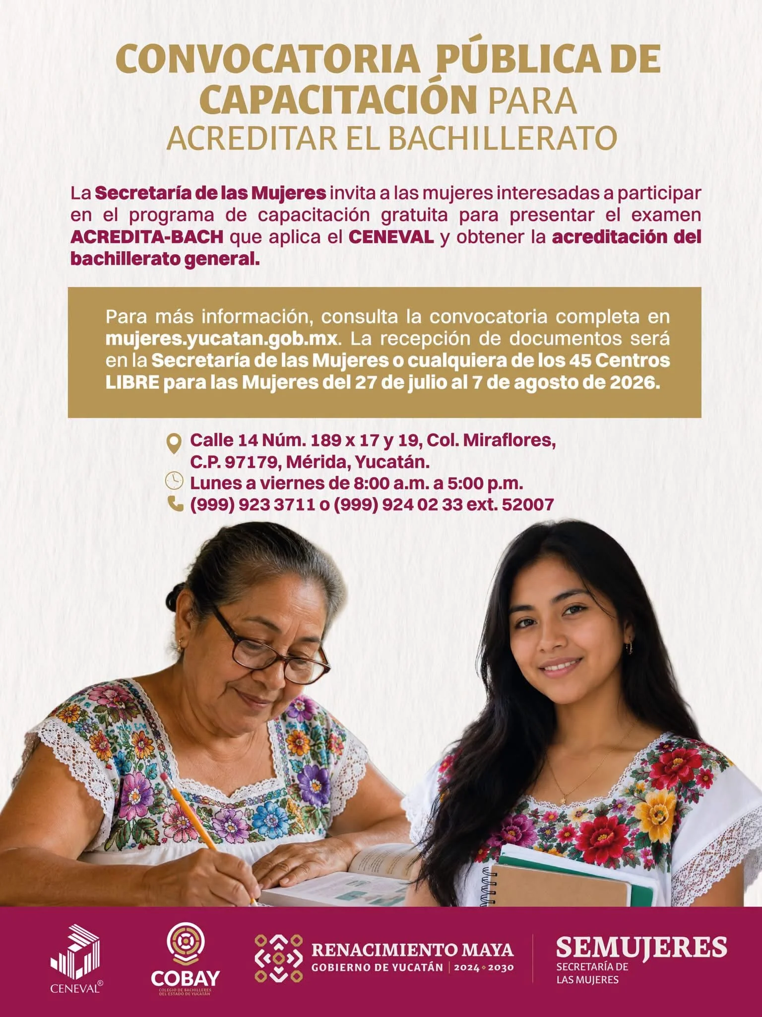 Semujeres abre la convocatoria gratuita para apoyar a 300 mujeres yucatecas a obtener su certificado de bachillerato