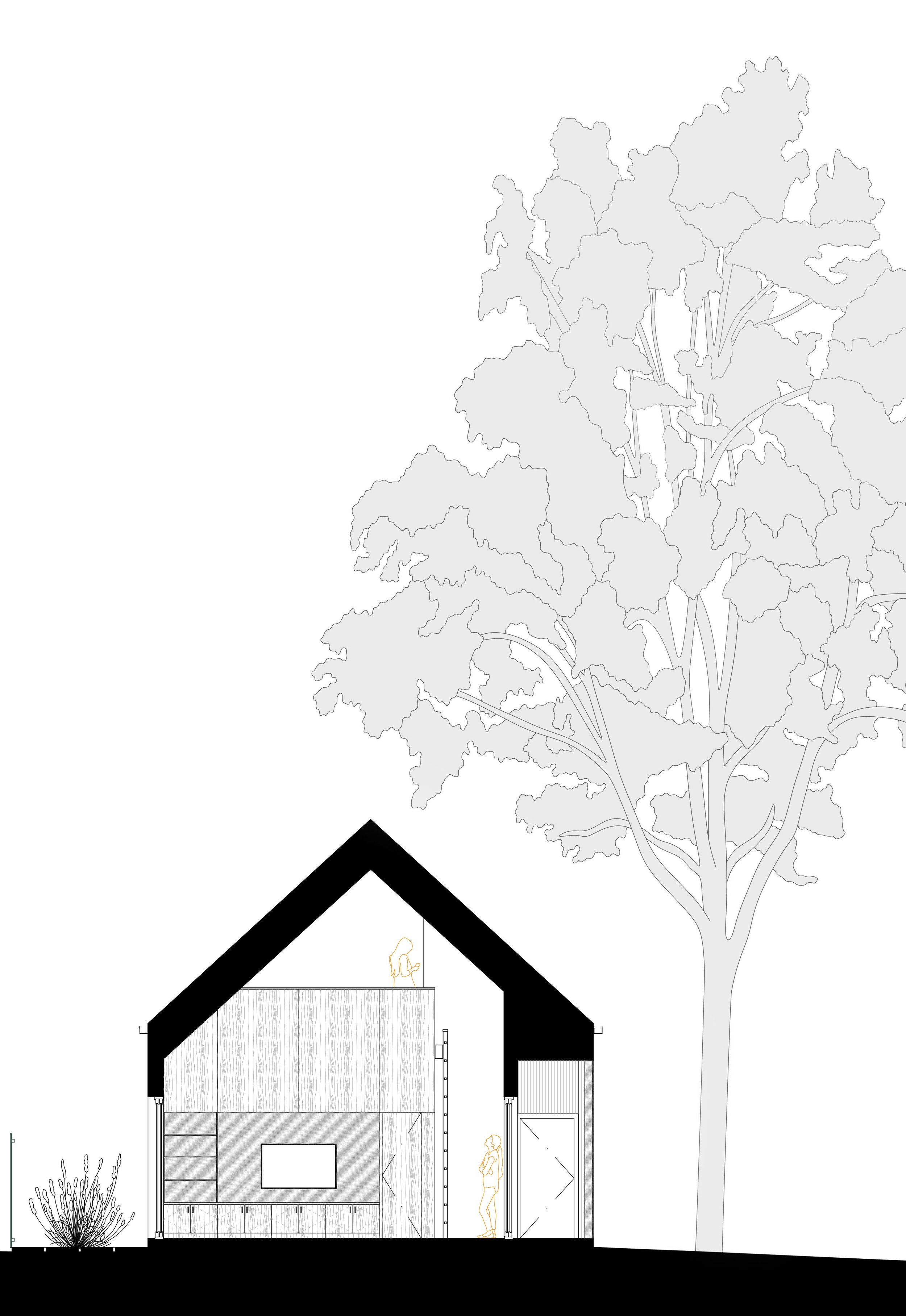Section drawing of a modern ADU with a gabled roof