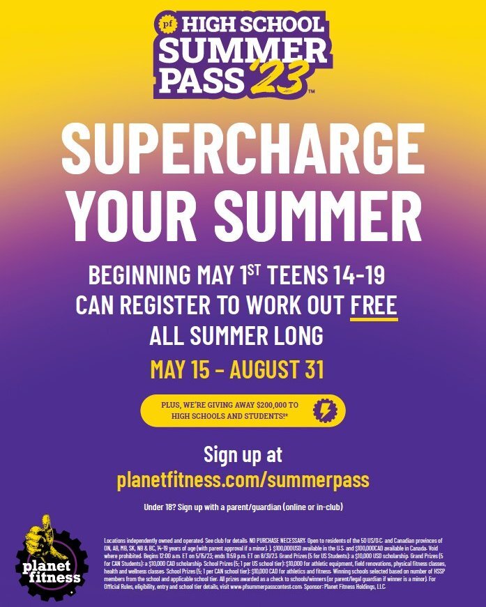 Planet Fitness Invites High Schoolers to Work Out Free All Summer (5/15 &ndash; 8/31)

For a third year, Planet Fitness invites high school students ages 14 &ndash; 19 to work out for FREE at any of its more than 2,400 Planet Fitness locations from M