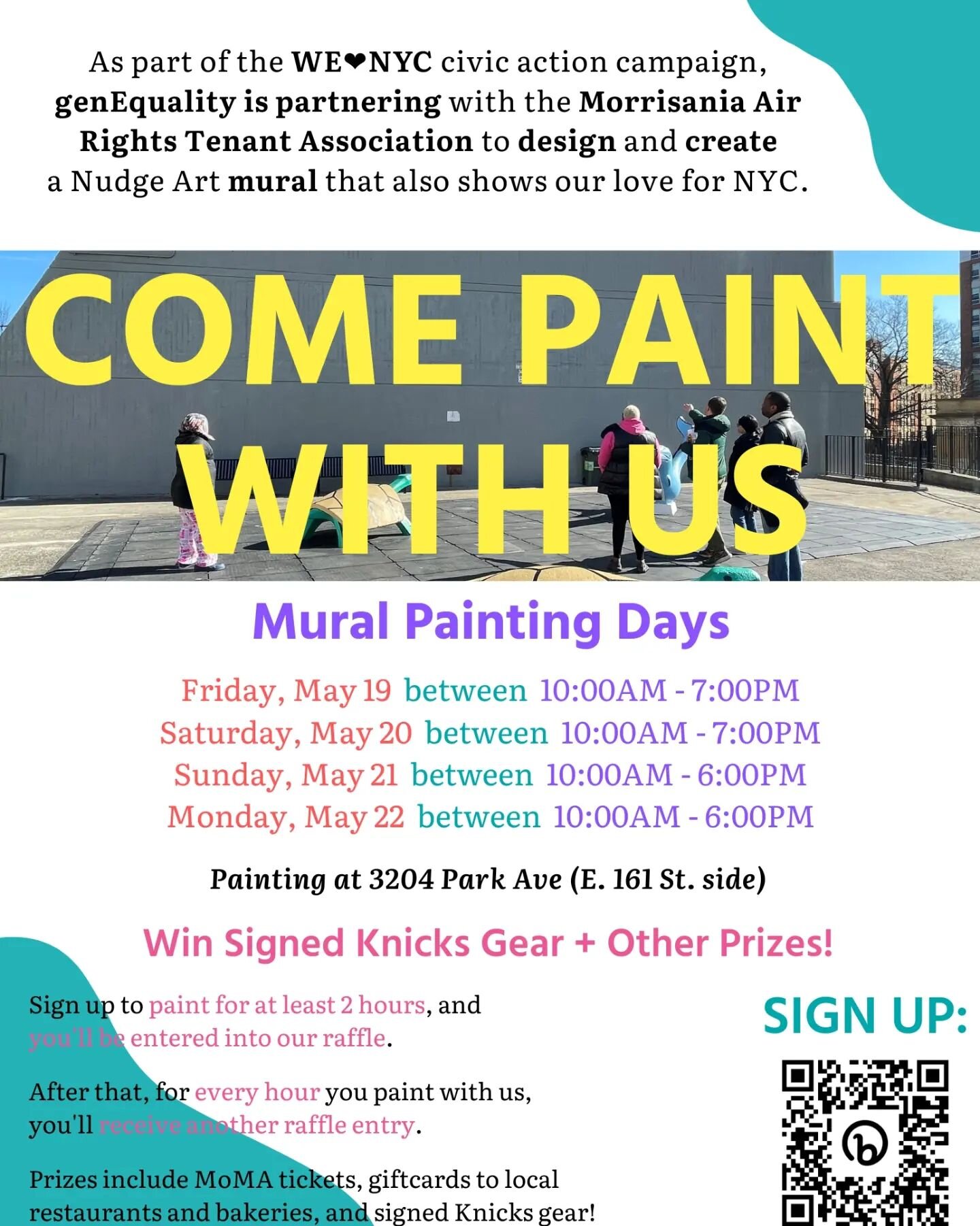 We are excited to partner with We Love NYC, genEquality, NYCHA and the Morrisania Air Rights Tenant Association to co-create the Morrisania Air Rights (MAR) Houses mural with the community, as part of the WeLoveNYC civic action campaign! 

This mural