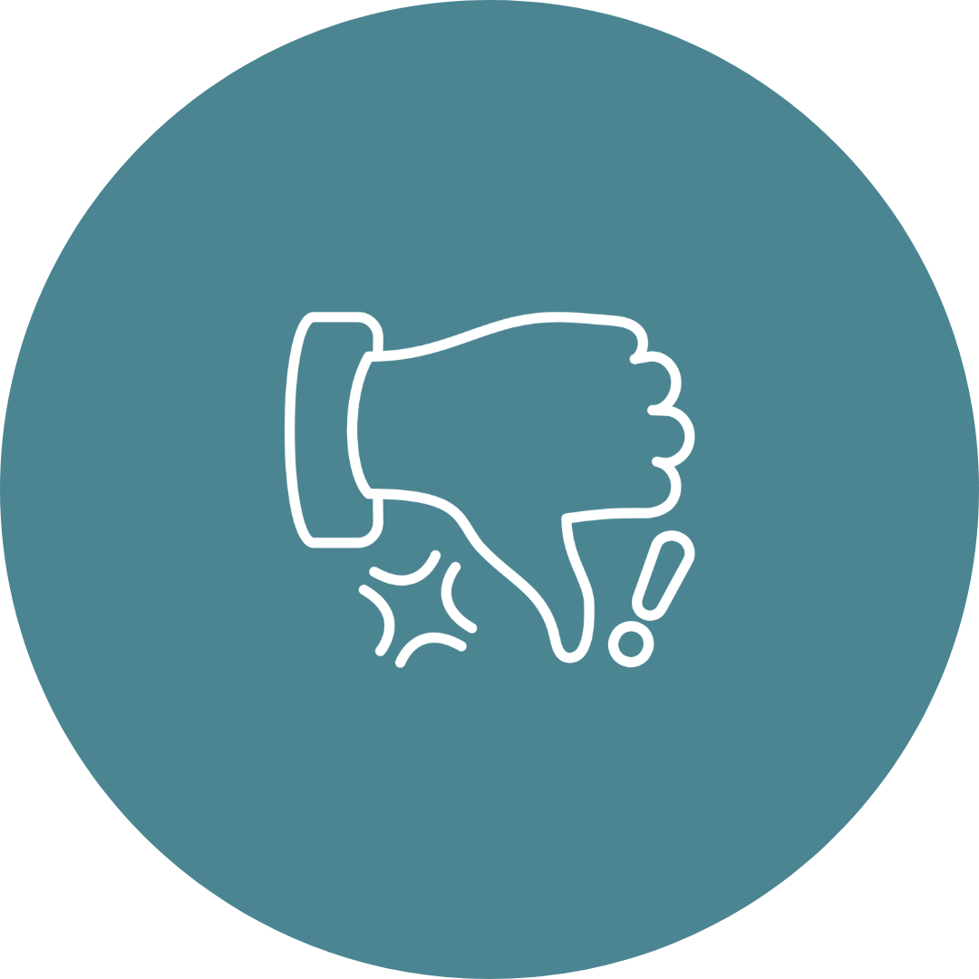 Thumbs down icon with a negative sign and an exclamation mark, indicating disapproval or warning.