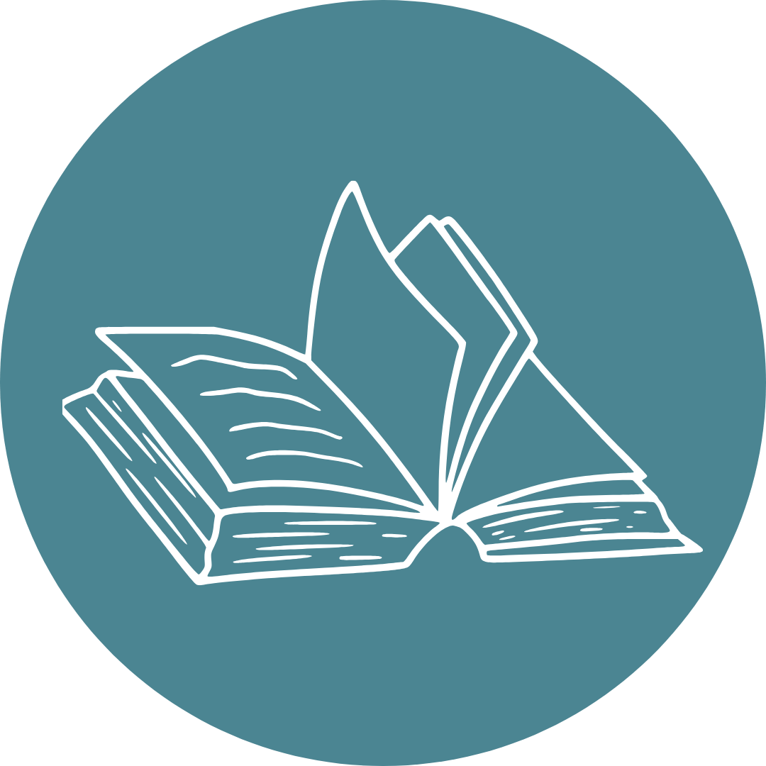 Line drawing of an open book with some pages turned over, set against a dark teal circular background.