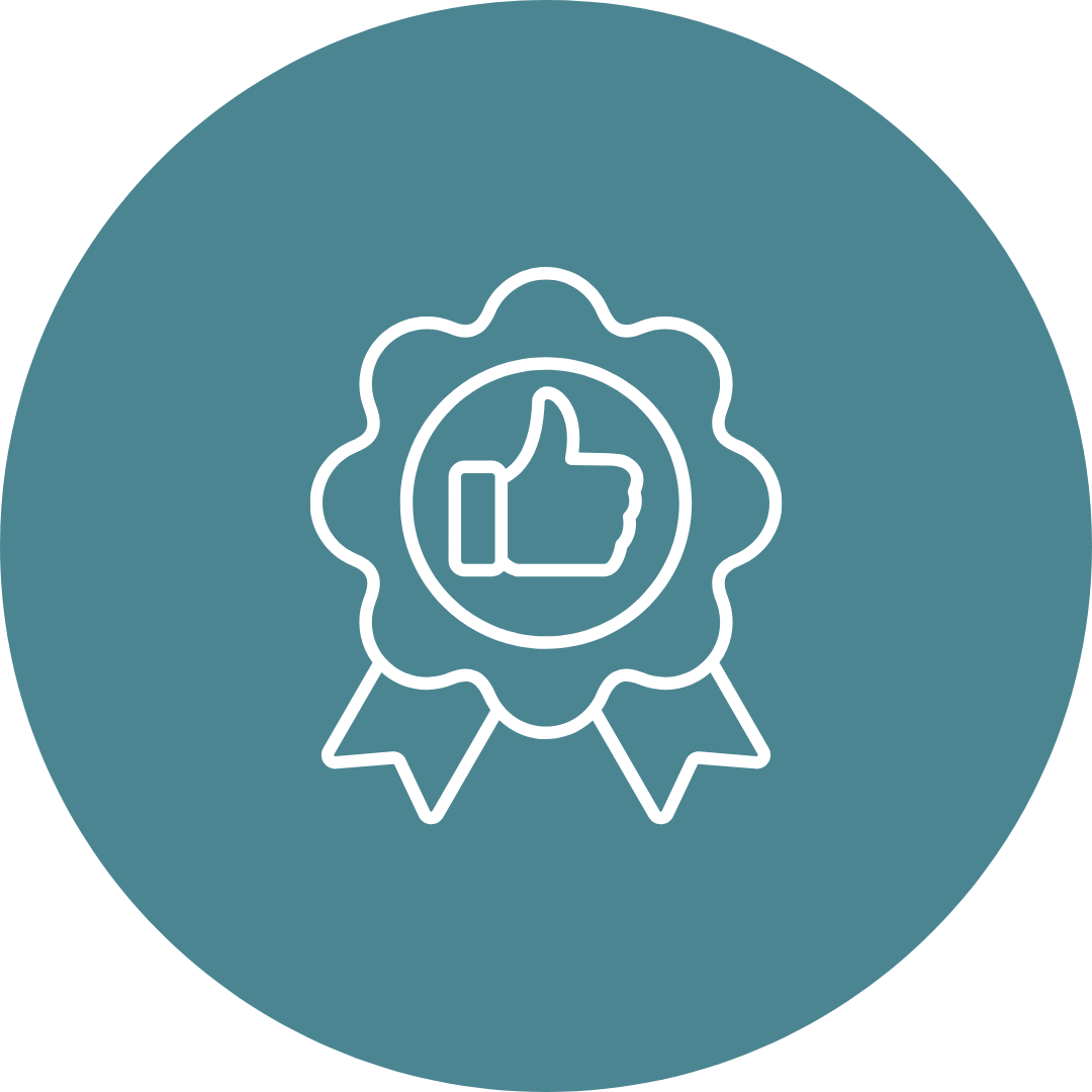 A digital icon depicting a ribbon award with a thumbs-up symbol in the center.